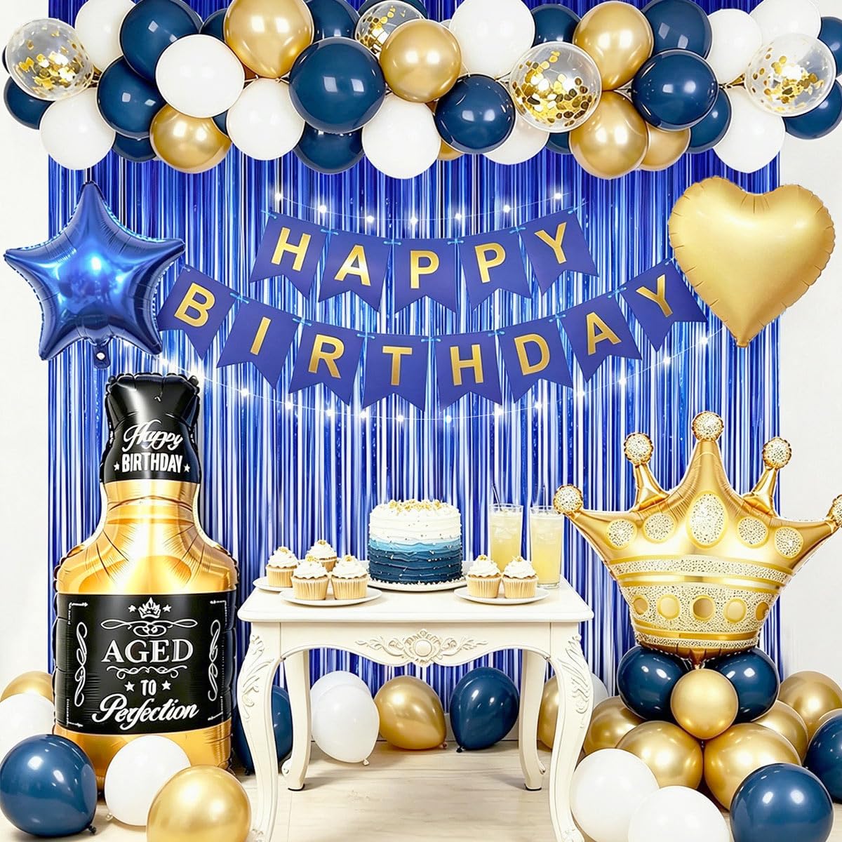MSMANCY Navy Blue Birthday Decorations for Men, Happy Bithday Banner Foil Balloons Gold White Confetti Balloons for Men Boy Adults Birthday Party