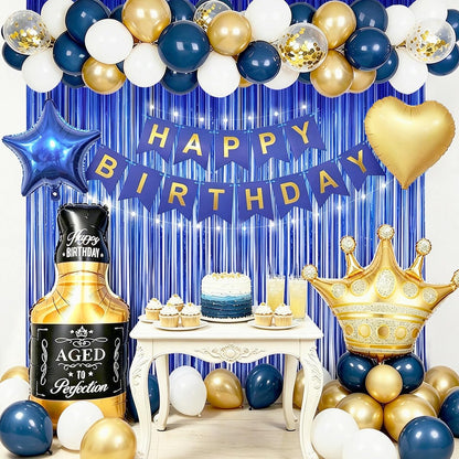 MSMANCY Navy Blue Birthday Decorations for Men, Happy Bithday Banner Foil Balloons Gold White Confetti Balloons for Men Boy Adults Birthday Party
