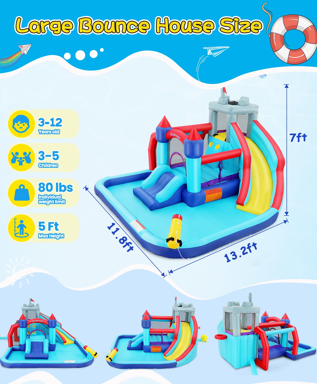 Whubefy 13Ft Inflatable Water Bounce House Double Slides for Kids Backyard
