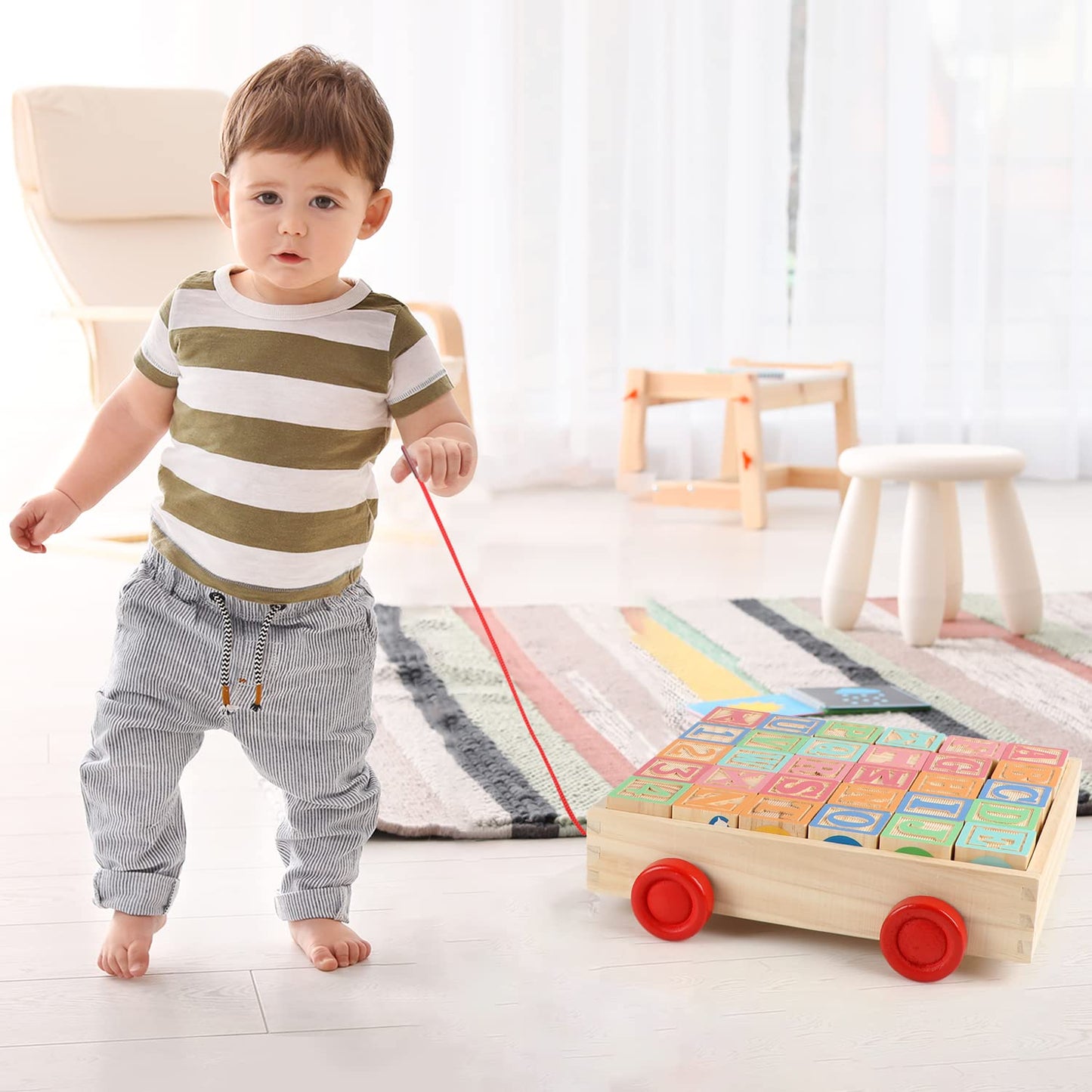 Joqutoys Wooden Building Blocks for Toddlers, Large Wood Baby Stacking Blocks Set for Kids, 30 PCS Alphabet Blocks with Toy Wagon, Educational Wooden