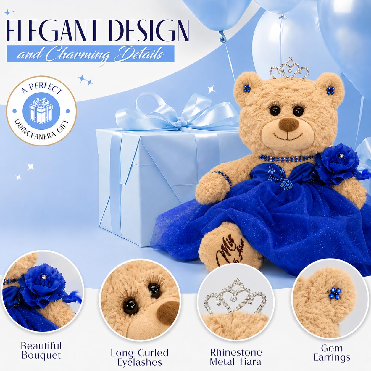 12" Quinceañera Bear Centerpiece Doll w/ Elegant Layered Tulle Dress, Adjustable Stand Included - Quinceanera Decorations Gift, Oso de Peluche para 15