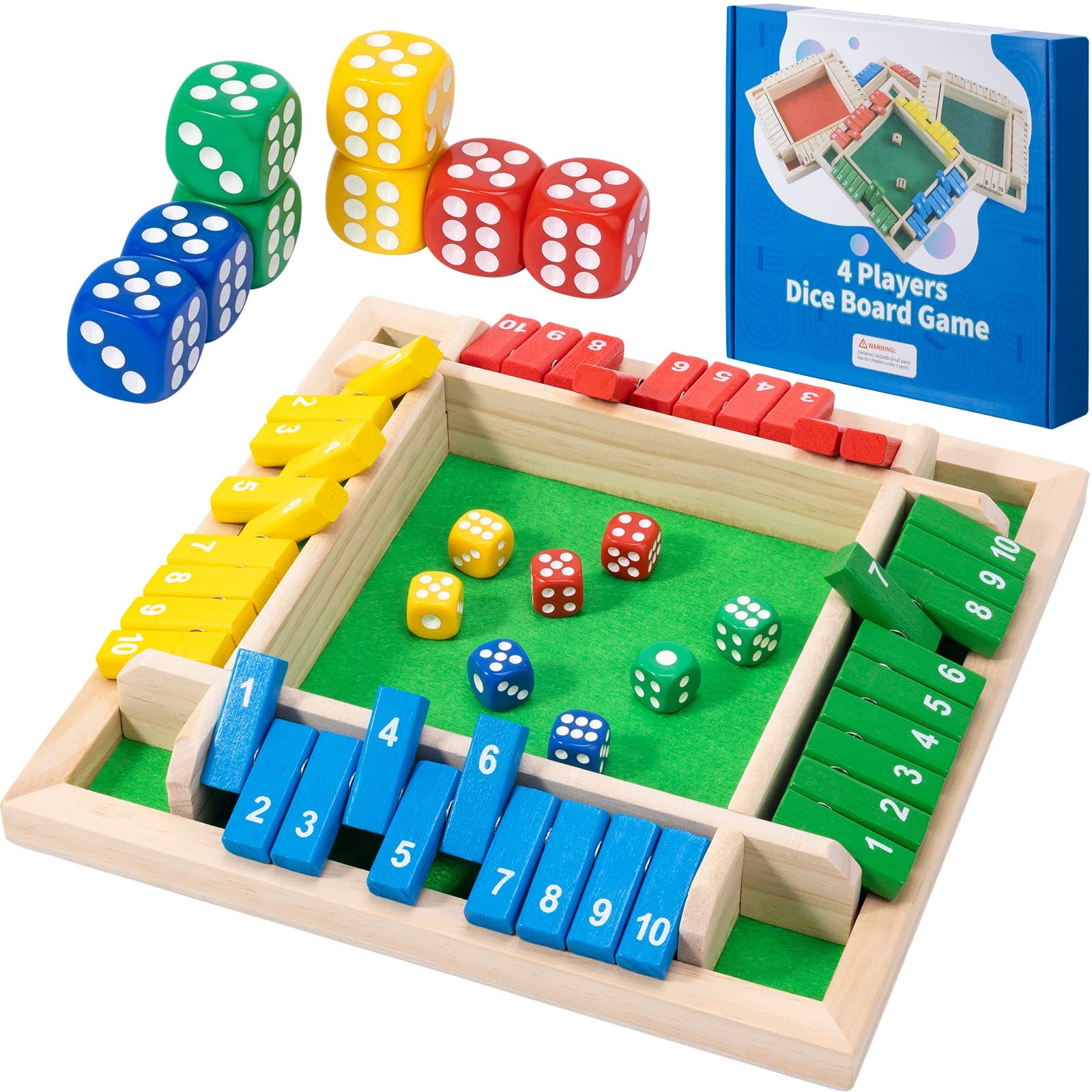 Shut The Box Dice Game,8 Dice 4 Players Wooden Board Table Math Skills Game with Drop it Game Instructions for Kids Adults Easy to Learn, Family