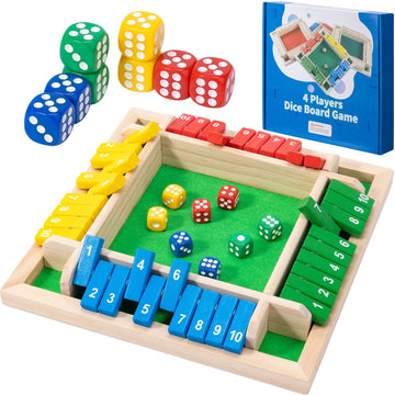Shut The Box Dice Game,8 Dice 4 Players Wooden Board Table Math Skills Game with Drop it Game Instructions for Kids Adults Easy to Learn, Family