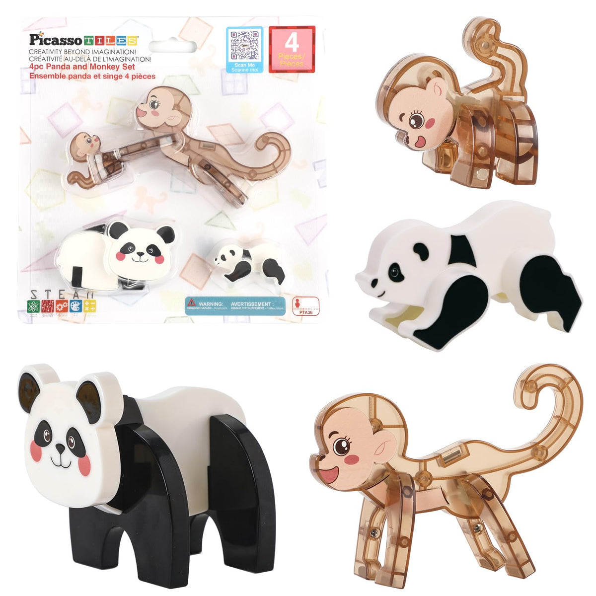 PicassoTiles Magnetic Build a Panda & Monkey Set Magnet Tile Blocks Add-on Expansion Pack, with Panda, Cub, Monkey & Baby Monkey Preschool Learning