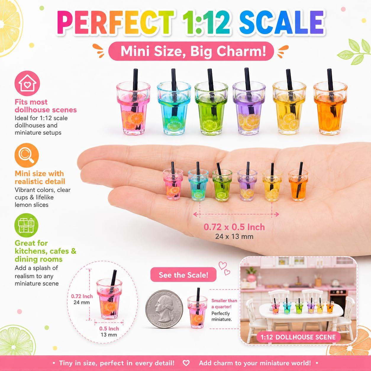 6Pcs Miniature Dollhouse Drink Set, 1:12 Scale, Colorful Resin Glass Cups with Beverage, Simulated Fruit Juice and Lemon Models, 0.72 x 0.5 Inch