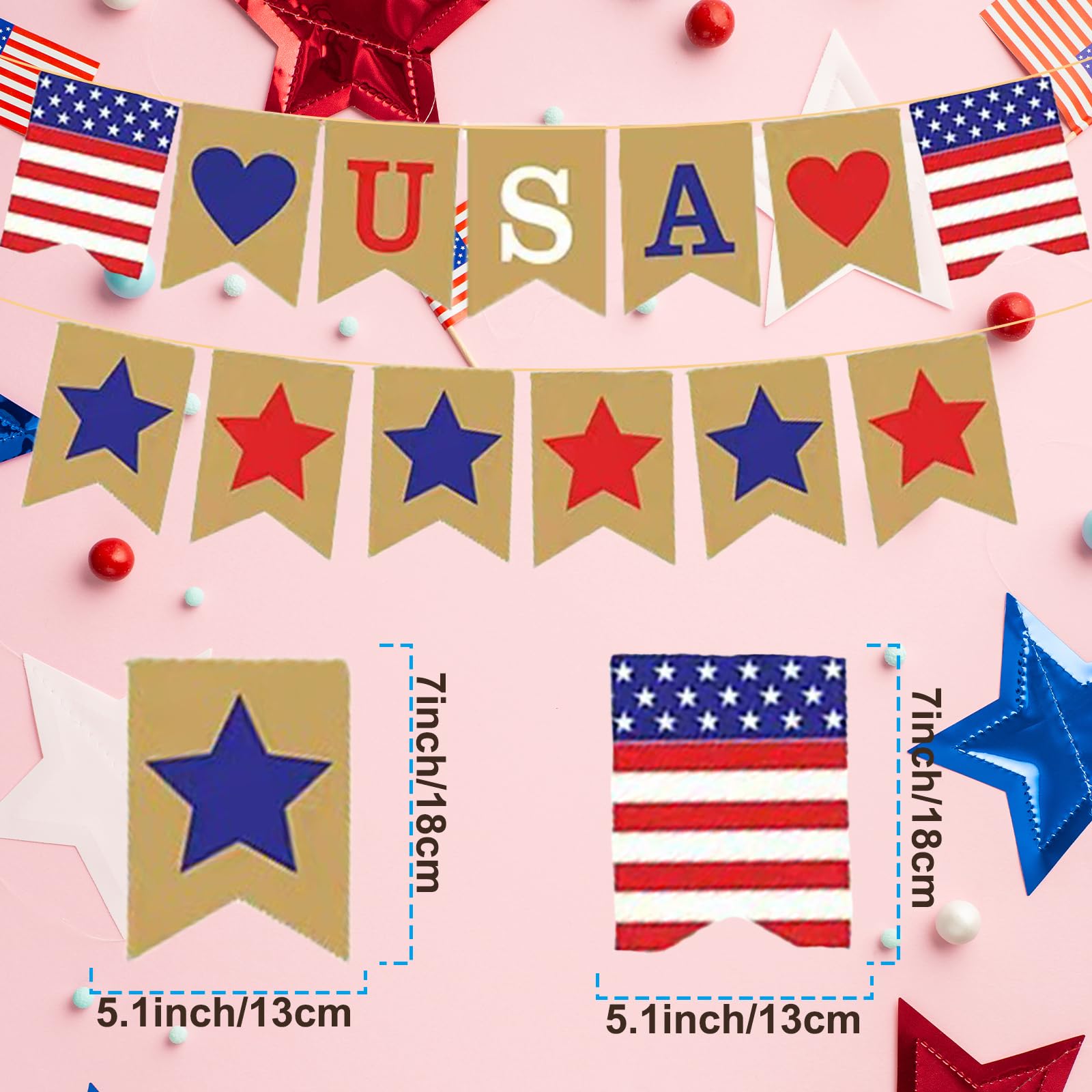 USA Patriotic Cardstock Banner Decorations, Rustic Pre-Strung Hanging Garland Sign for 4th of July, Memorial Day, Veterans Day, Independence Day,