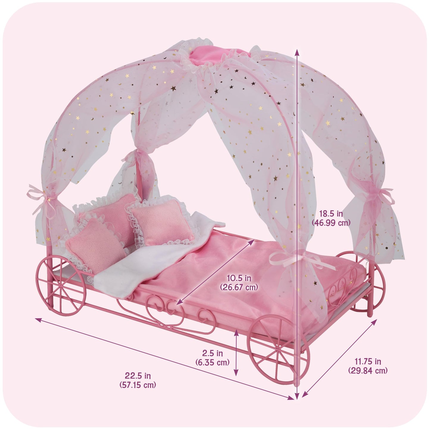Badger Basket Elegant Royal Carriage Bed for 18-Inch Dolls with Canopy, Bedding, and LED Lights - Pink and White Stars