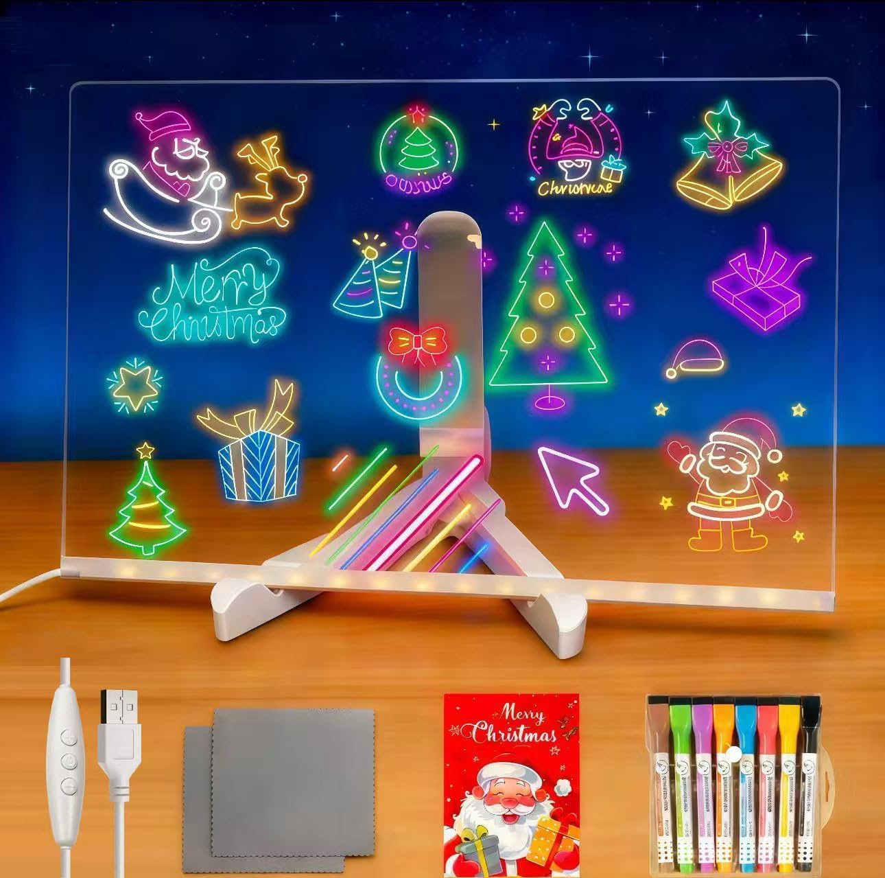 LED Drawing Board with 7-Colors,Equipped with Stand,8 Colored pens (with Eraser Caps),Sketchbook,Adapter, Hook, Chain, Spray Bottle, Cloth