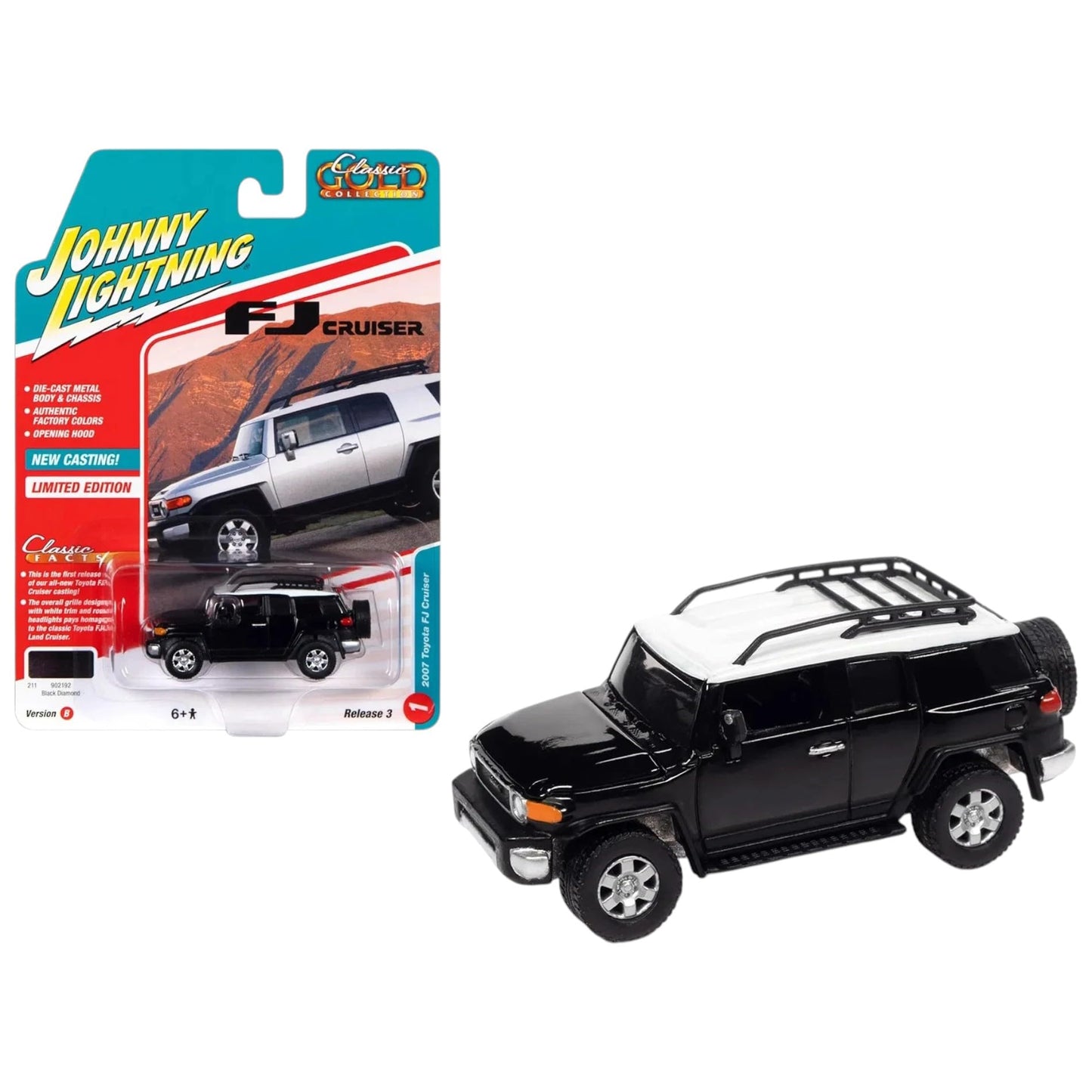 Johnny Lightning 2007 Toyota FJ Cruiser Black Diamond with White Top and Roofrack Classic Gold Collection Series Limited Edition 1/64 Diecast Model