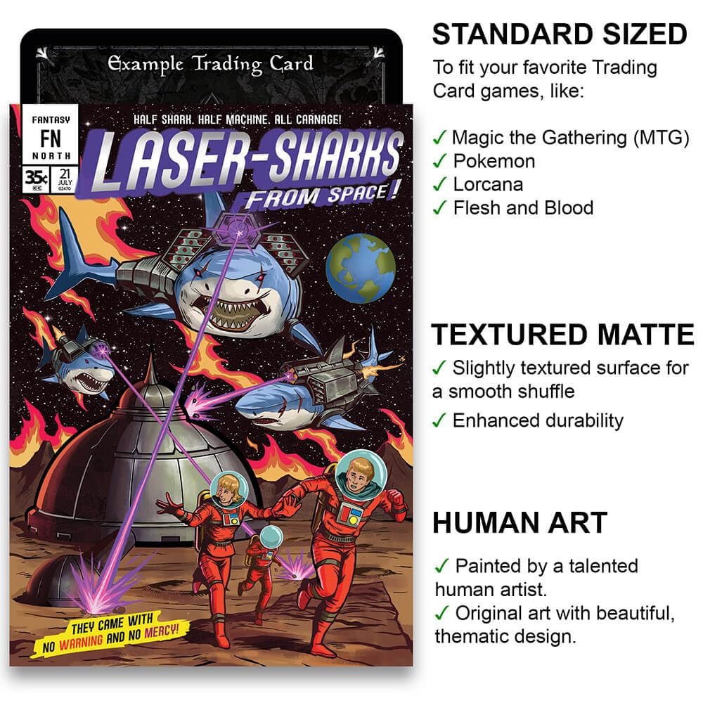 Fantasy North - Laser Sharks from Space - Comic Series - 100 Textured Matte TCG Card Sleeves - Fits Magic MTG Commander Pokemon and Other Card Games