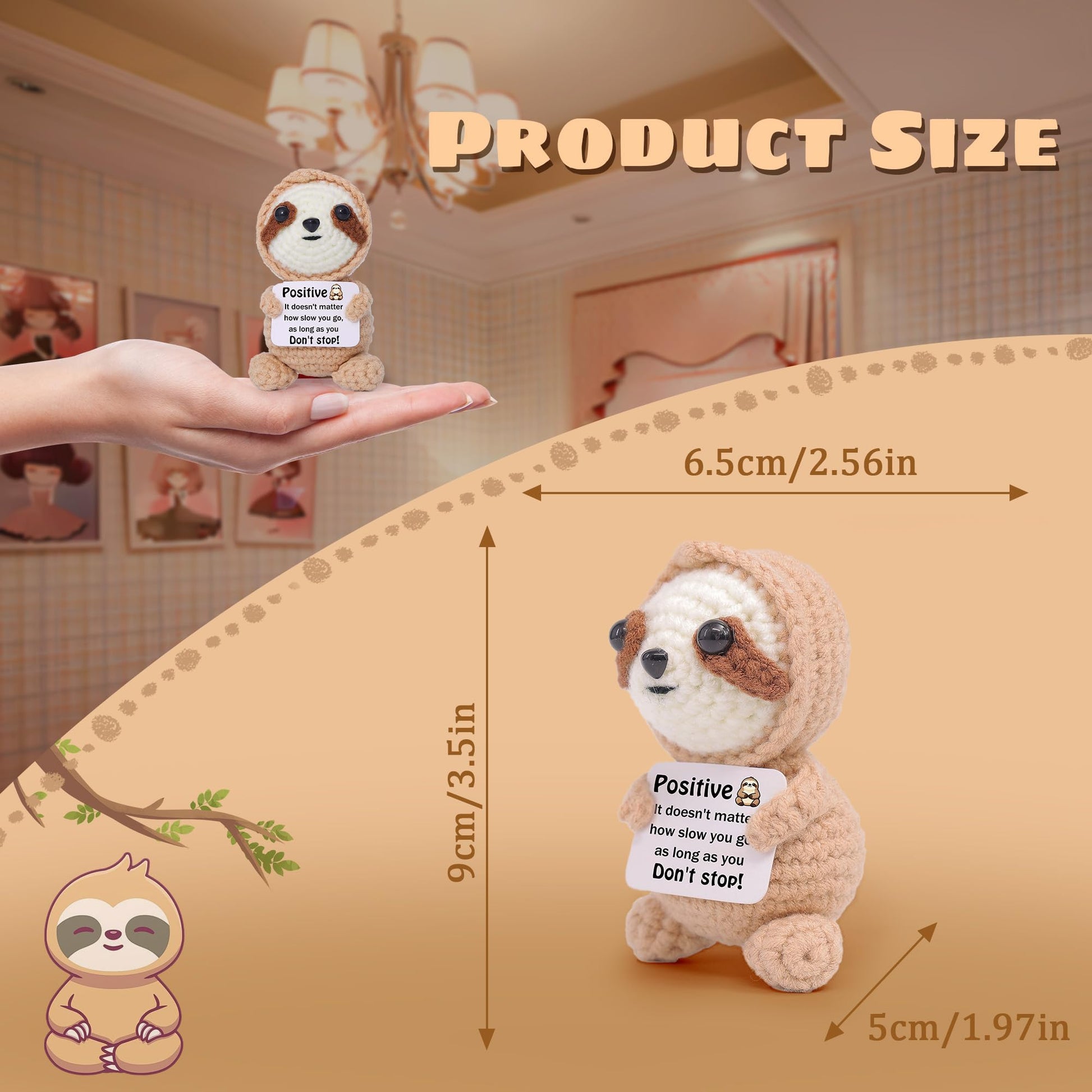 OkiyiD Emotional Support Crochet Sloth Positive Gifts - Handmade Stuffed Animal with Positive Affirmation Card, Desk Decor Office Gift for Women