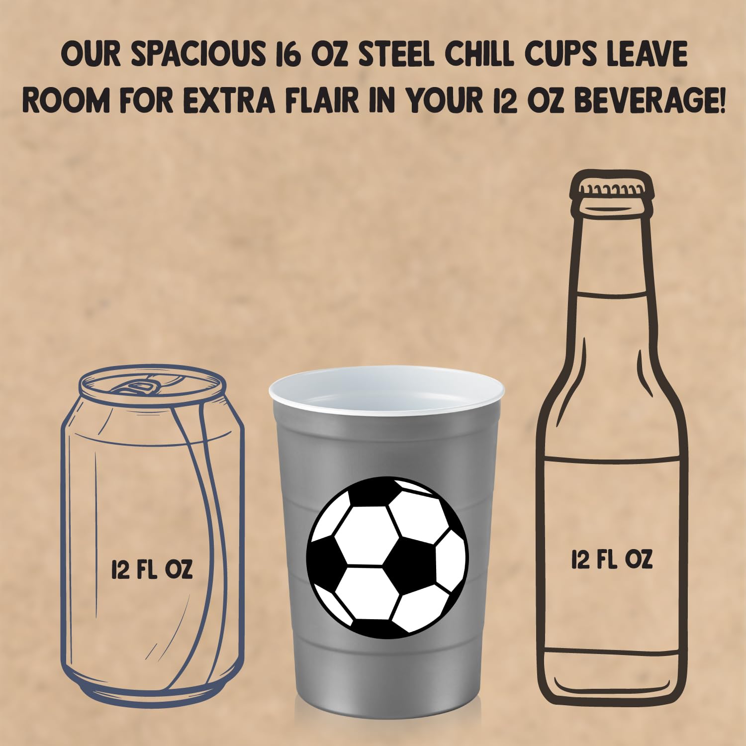 Steel Chill Cups 16 oz. Reusable Party Cups, Soccer, Green, 12 Count