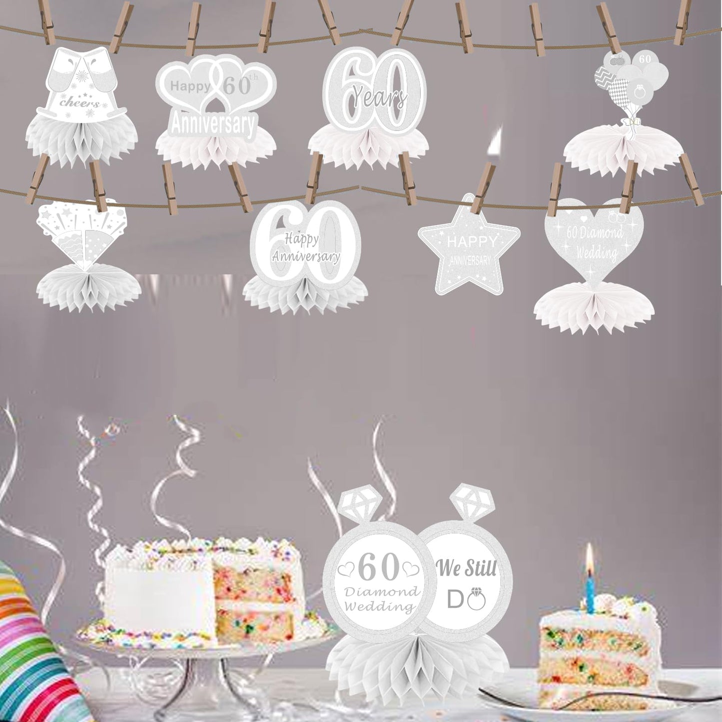 9Pcs Happy 60th Diamond Wedding Anniversary Honeycomb Centerpieces Decorations Silver 60 Anniversary Tale Party Supplies Romantic Cheer to 60 Years