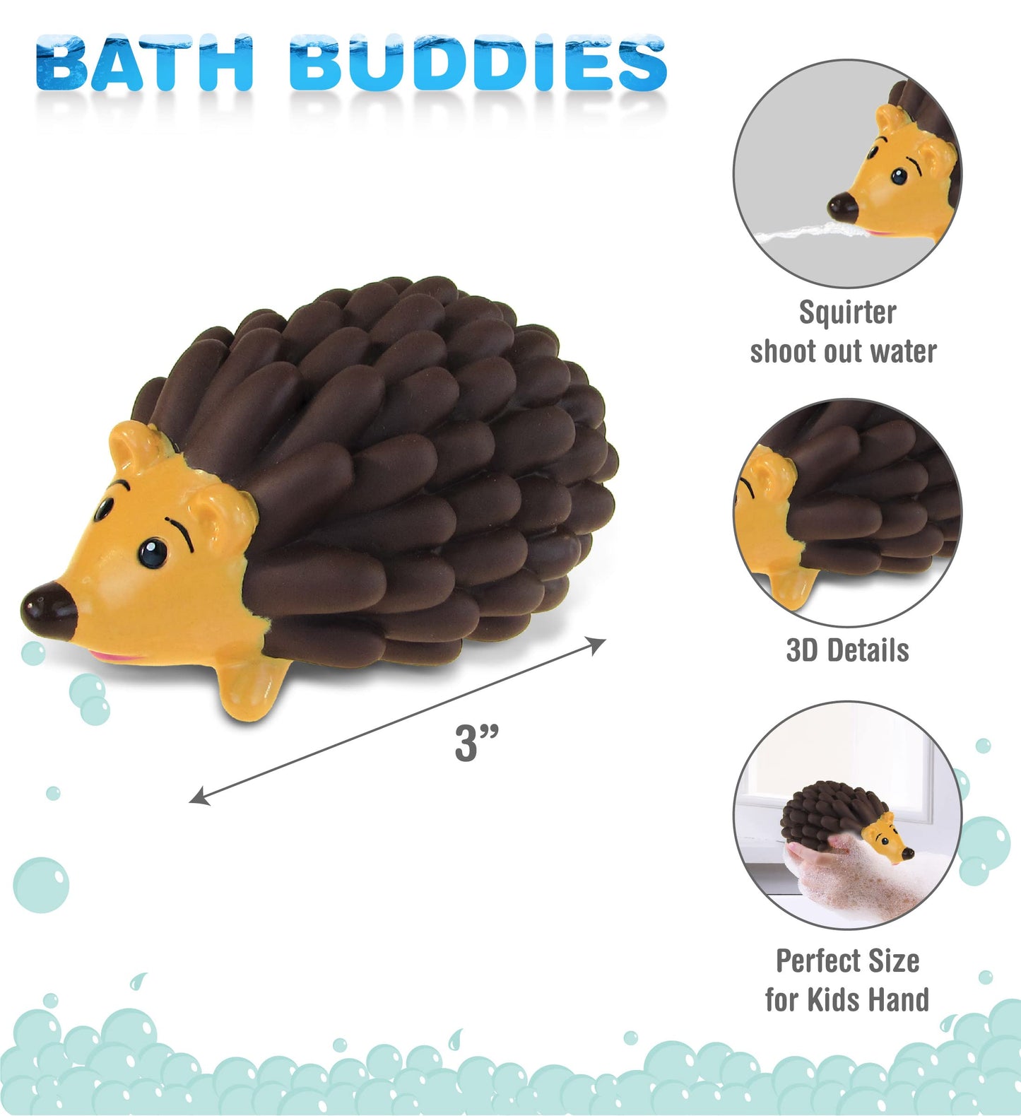 DolliBu Hedgehog Bath Buddy Squirter - Floating Brown Hedgehog Rubber Bath Toy, Fun Water Squirting Bathtime Play for Toddlers ,Cute & Soft Wild Life