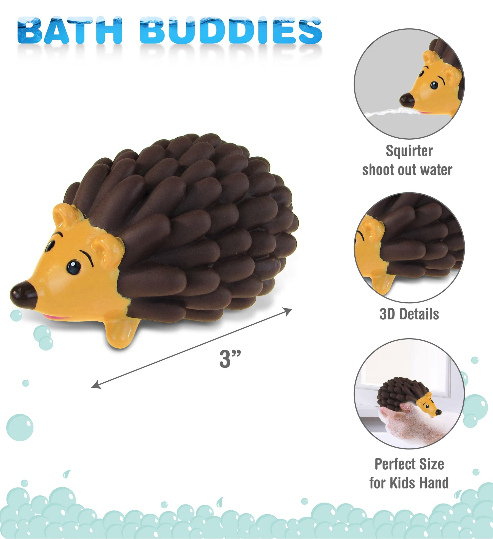 DolliBu Hedgehog Bath Buddy Squirter - Floating Brown Hedgehog Rubber Bath Toy, Fun Water Squirting Bathtime Play for Toddlers ,Cute & Soft Wild Life