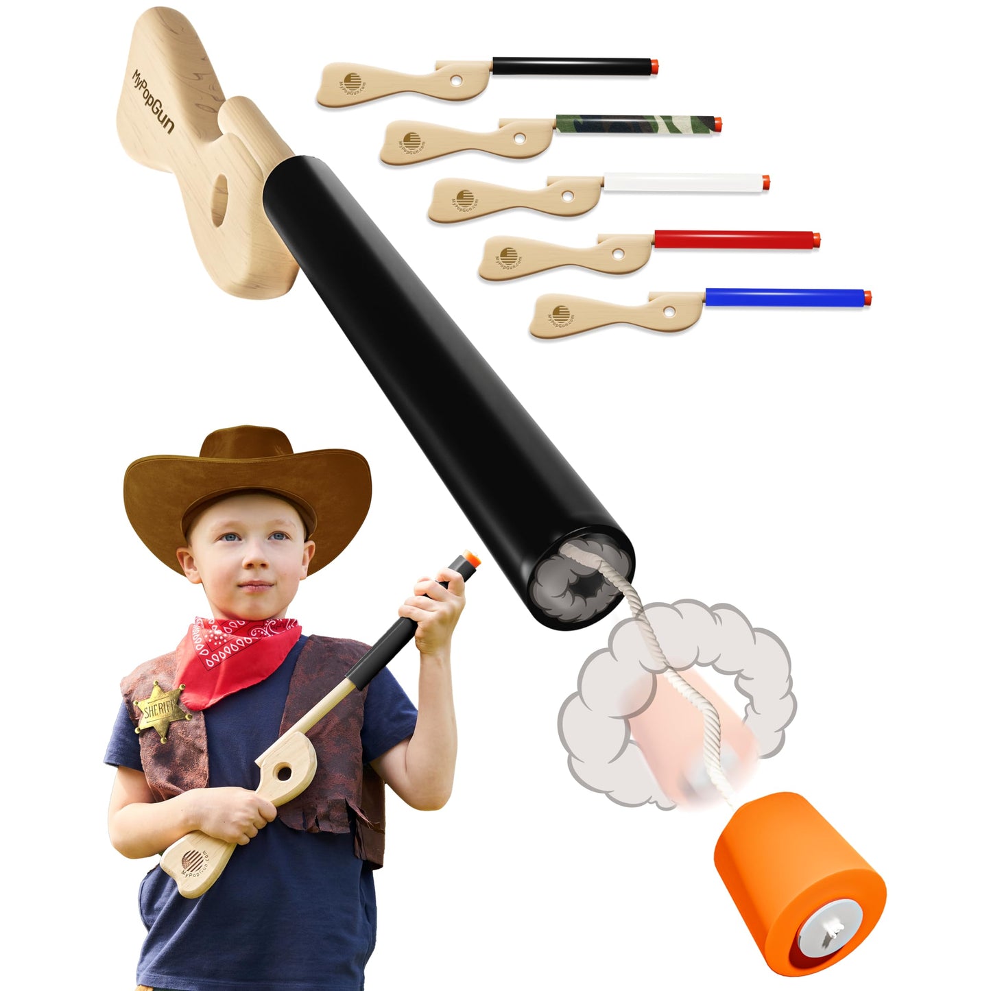 Black Toy Pop Gun for Kids - Wooden Toy Guns for Boys 3-12, Fake Gun