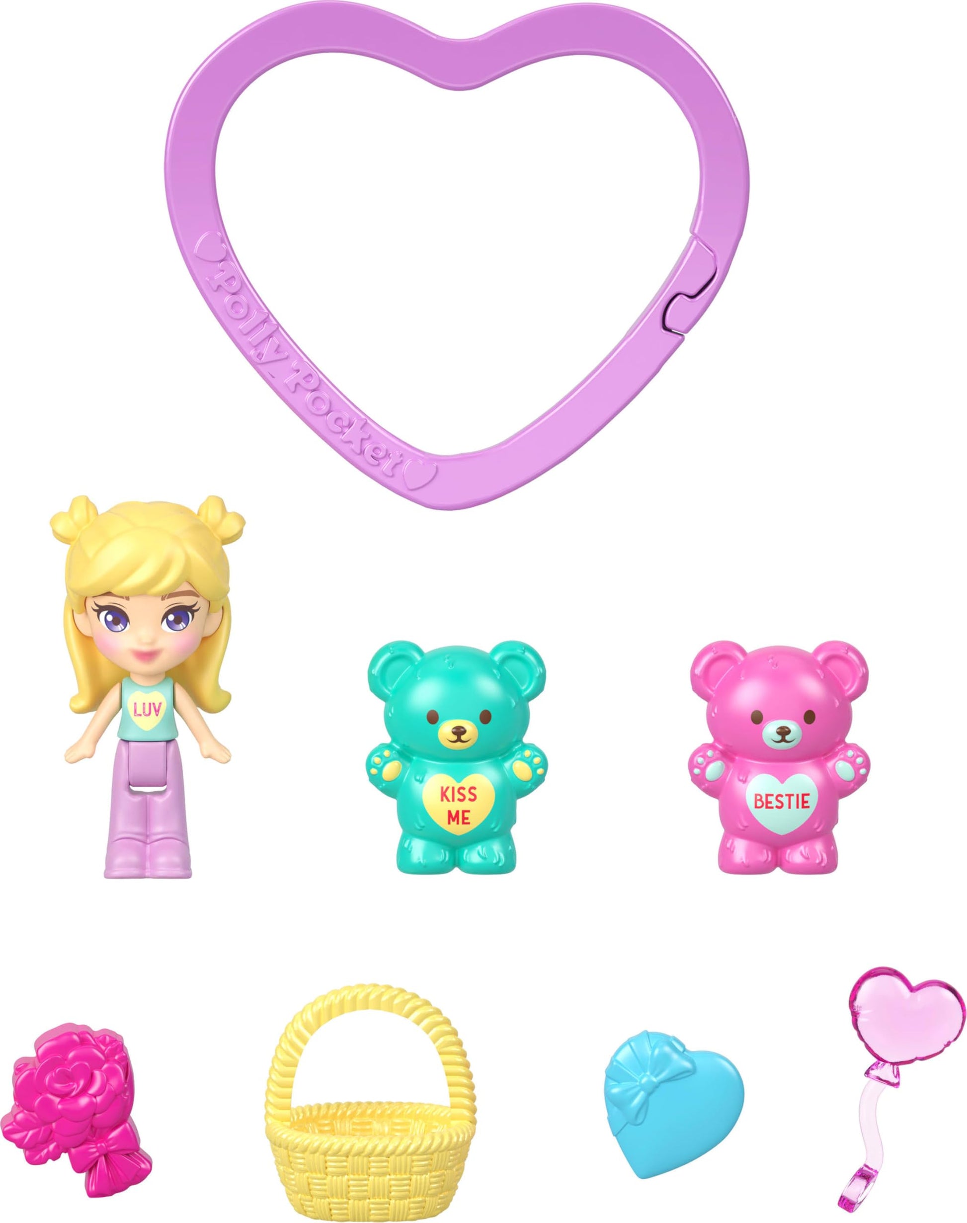 Polly Pocket x Sweethearts, Micro Doll & 2 Playsets with 7 Themed Accessories & Keychain Clip, Travel Toy, Partnership Compact