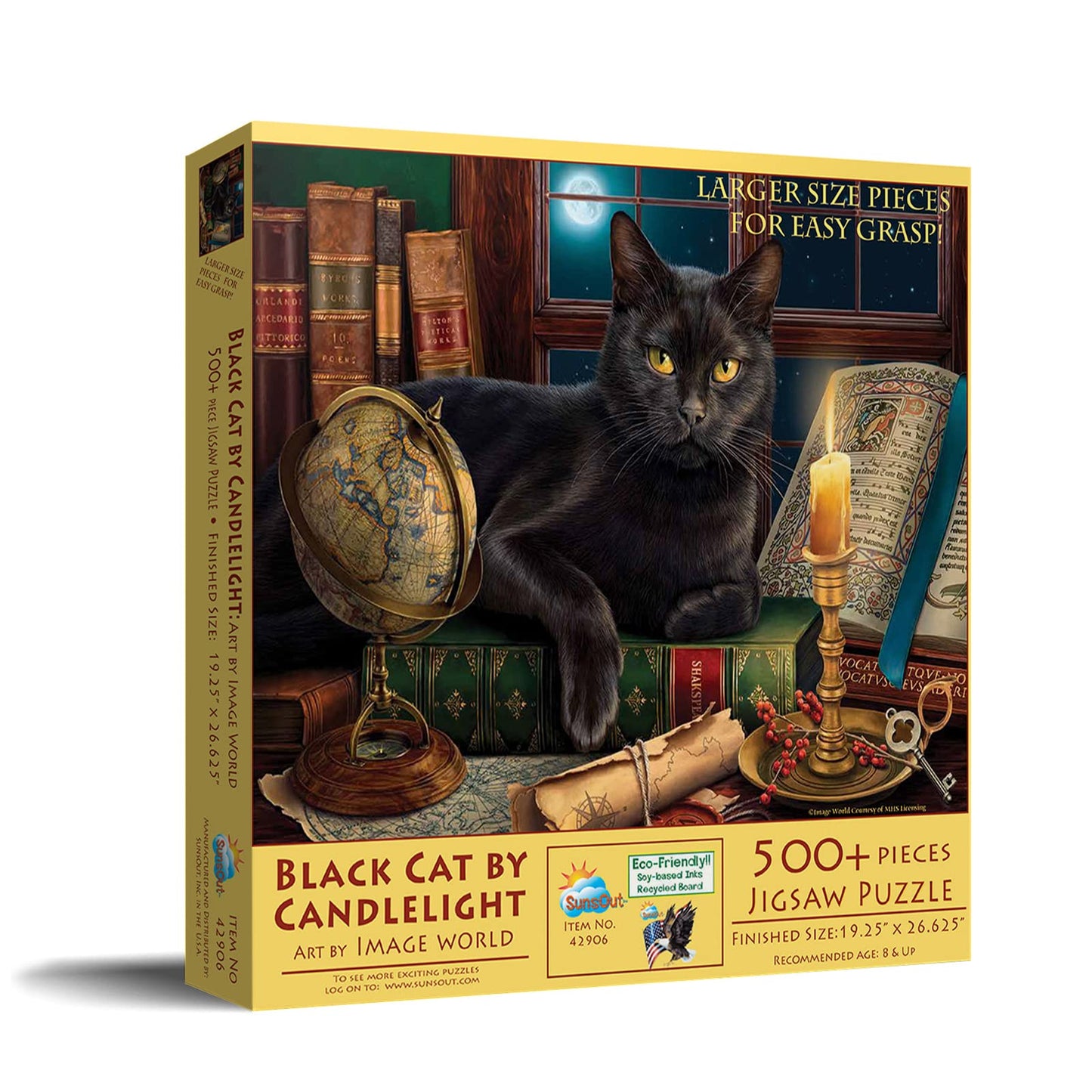 SUNSOUT INC - Black Cat by Candlelight - 500 pc Large Pieces Jigsaw Puzzle by Artist: Image World - Finished Size 19.25" x 26.625" - MPN# 42906