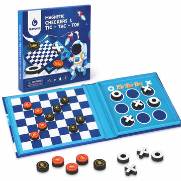 2-in-1 Travel Checkers and Tic Tac Toe Game for Kids Ages 8-12, Magnetic Checkers Board Game, Foldable Road Trip and Plane Activities