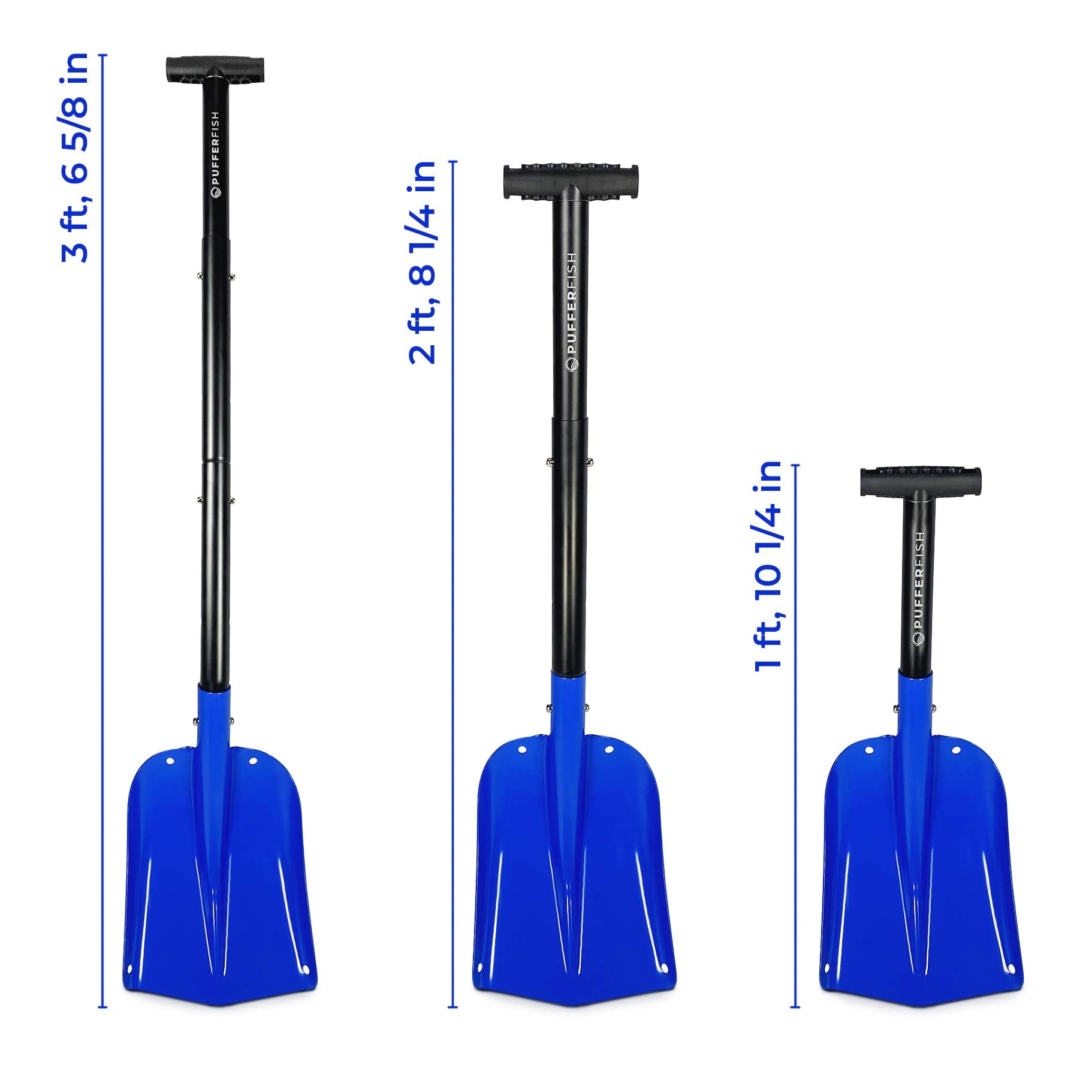 PUFFERFISH Really Big Sand Shovel - Lightweight Collapsible 4 Piece Aluminum Shovel for Beach - Customizable to 3 Different Lengths - Ideal for Sand