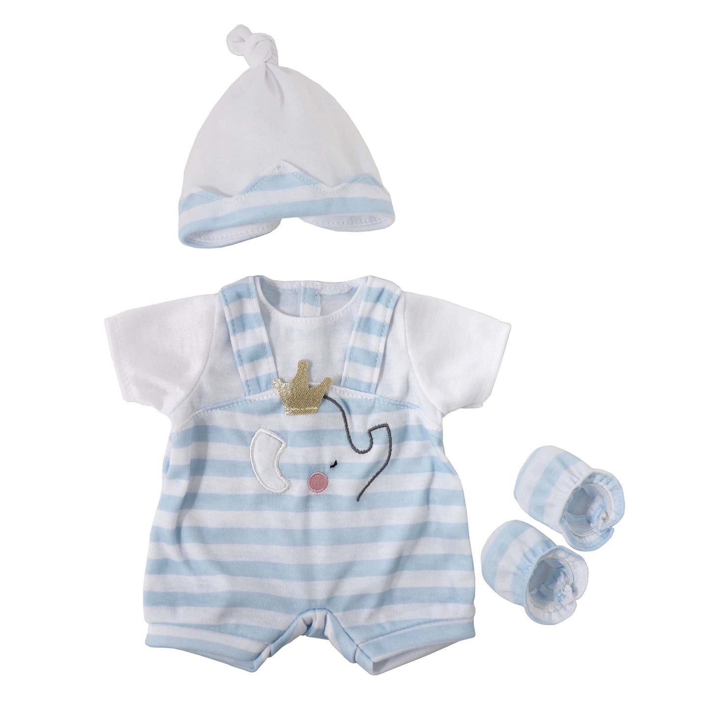JC Toys | Berenguer Boutique | Baby Doll Outfit | Blue Stripes and White Overall Shorts | Includes Headband and Booties | Ages 2+ | Fits Dolls 14"