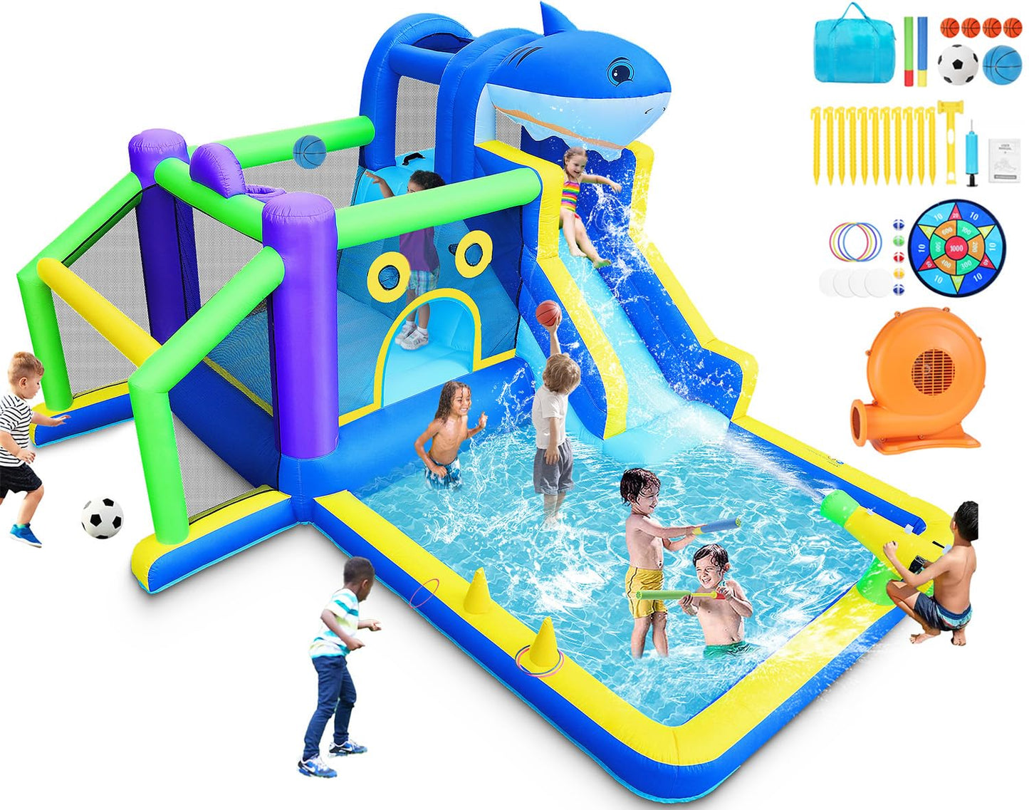 Leistooyfan 10-in-1 Shark Inflatable Bounce House for Kids with 450W Blower
