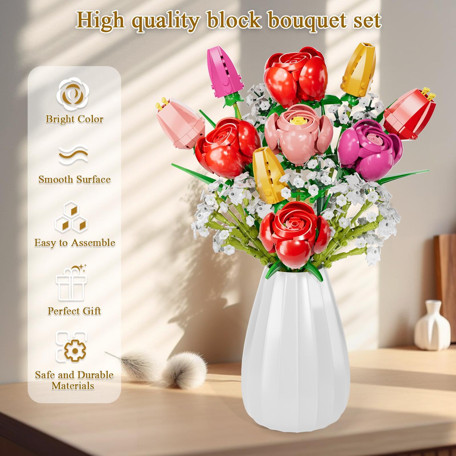 GoStock Flower Bouquet Building Set, Rose Home Plant Decor, Artificial Flowers Botanical Collection Block Toy for Valentine Birthday Gifts Adults