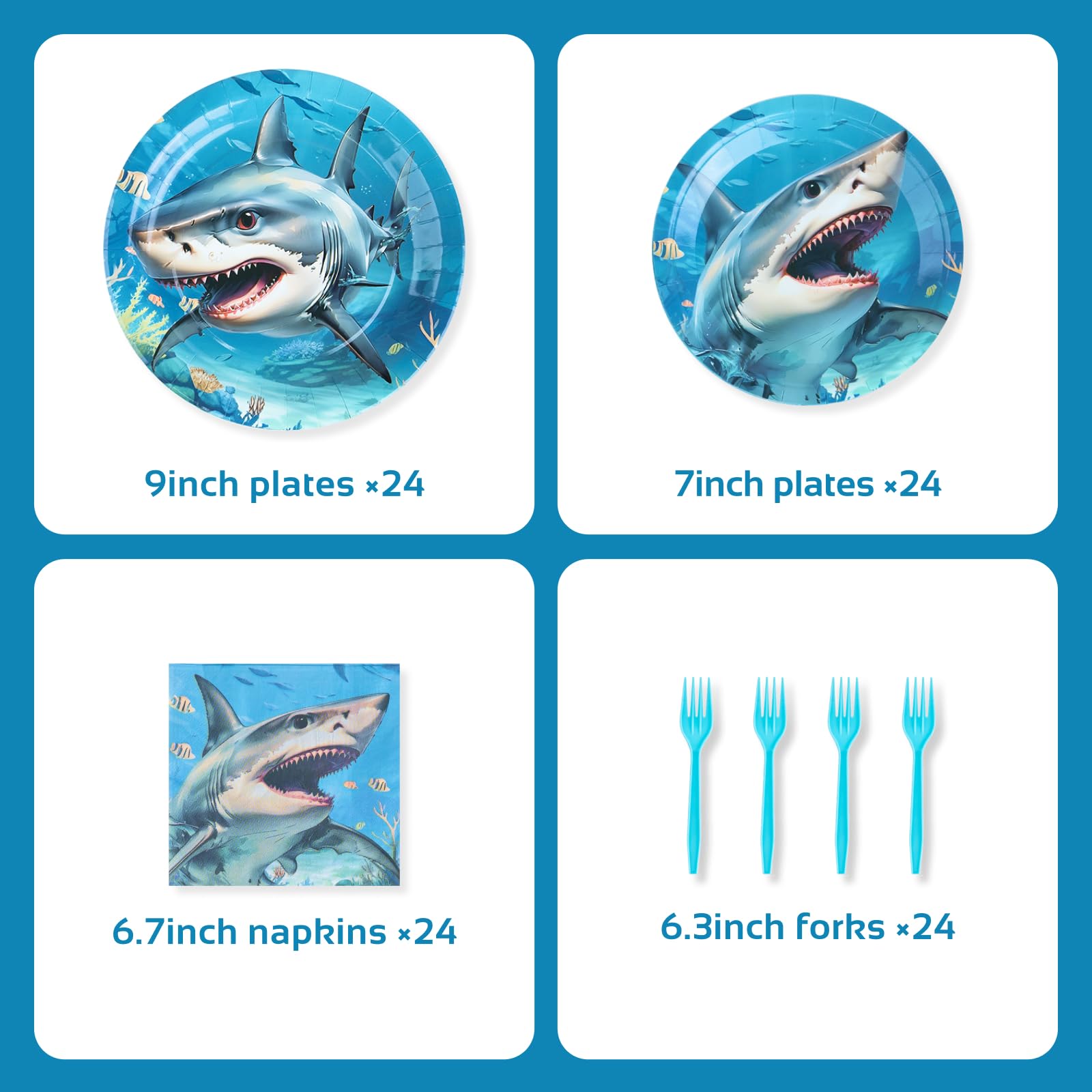 Shark Birthday Party Decorations - Shark Tableware Set, Paper Plate, Fork, Napkin, Ocean Under The Sea Theme Party Supplies for Baby Shower Boys