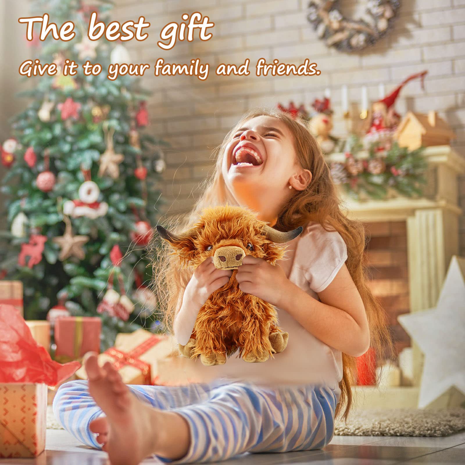 Cute Highland Cows Stuffed Animals,10.5 inches Realistic Cow Plush Toy,Highland Cattle Farm Toy Present for Adults Kids Boys Christmas Halloween Girls