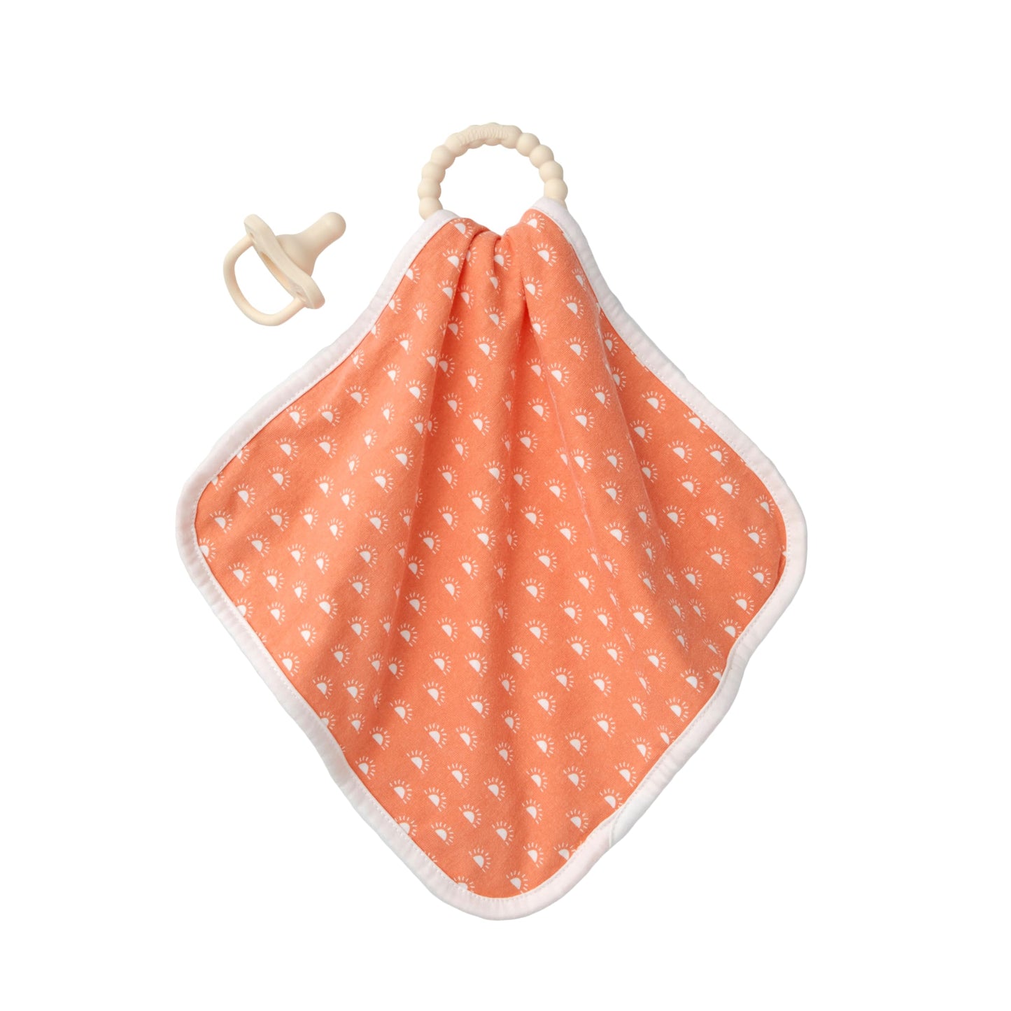 Dr. Brown's Lovey Blanket with Teether Ring and HappyPaci 100% Silicone One-Piece Pacifier, Soothing Security Blanket Set for Baby, Peach Suns, 0m+