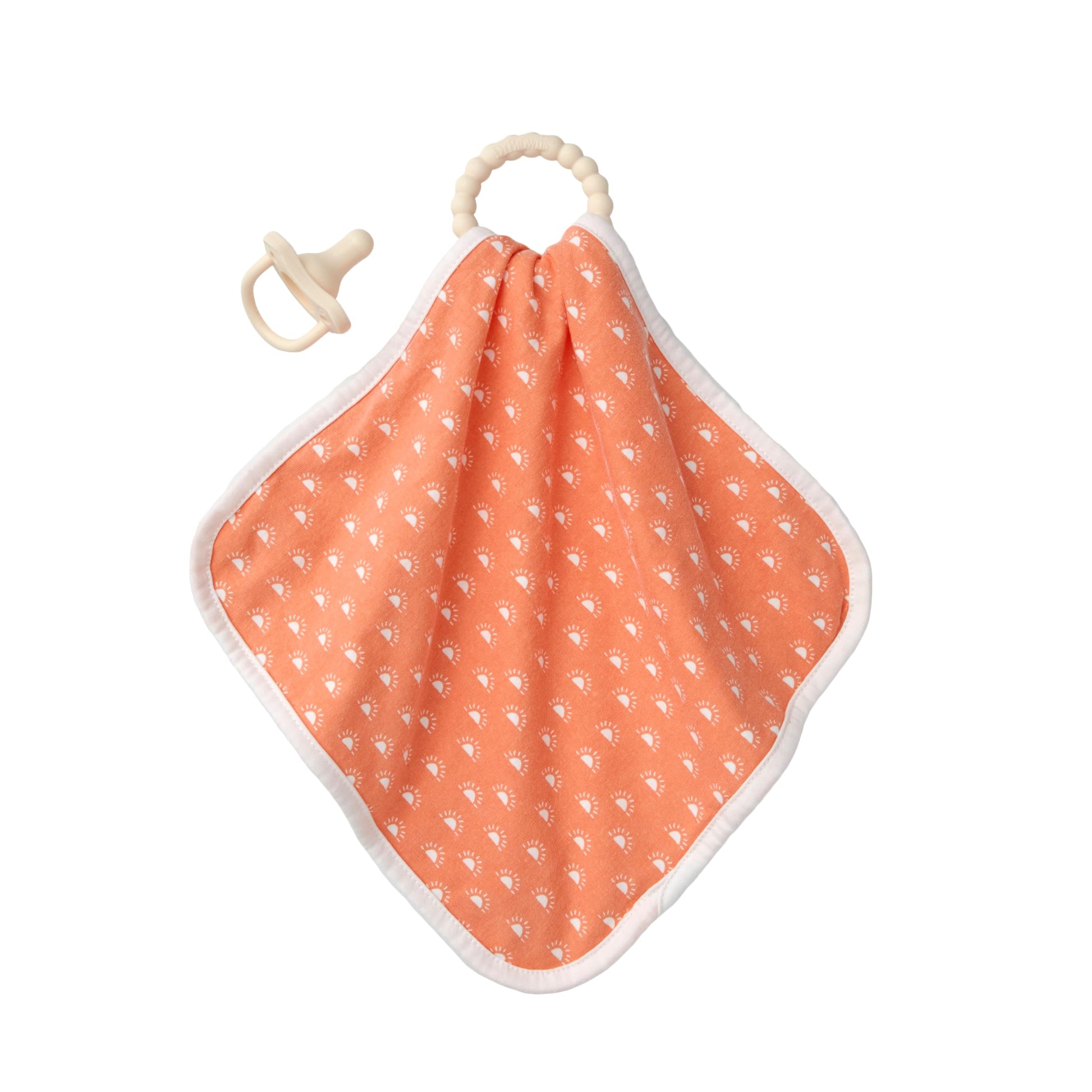 Dr. Brown's Lovey Blanket with Teether Ring and HappyPaci 100% Silicone One-Piece Pacifier, Soothing Security Blanket Set for Baby, Peach Suns, 0m+