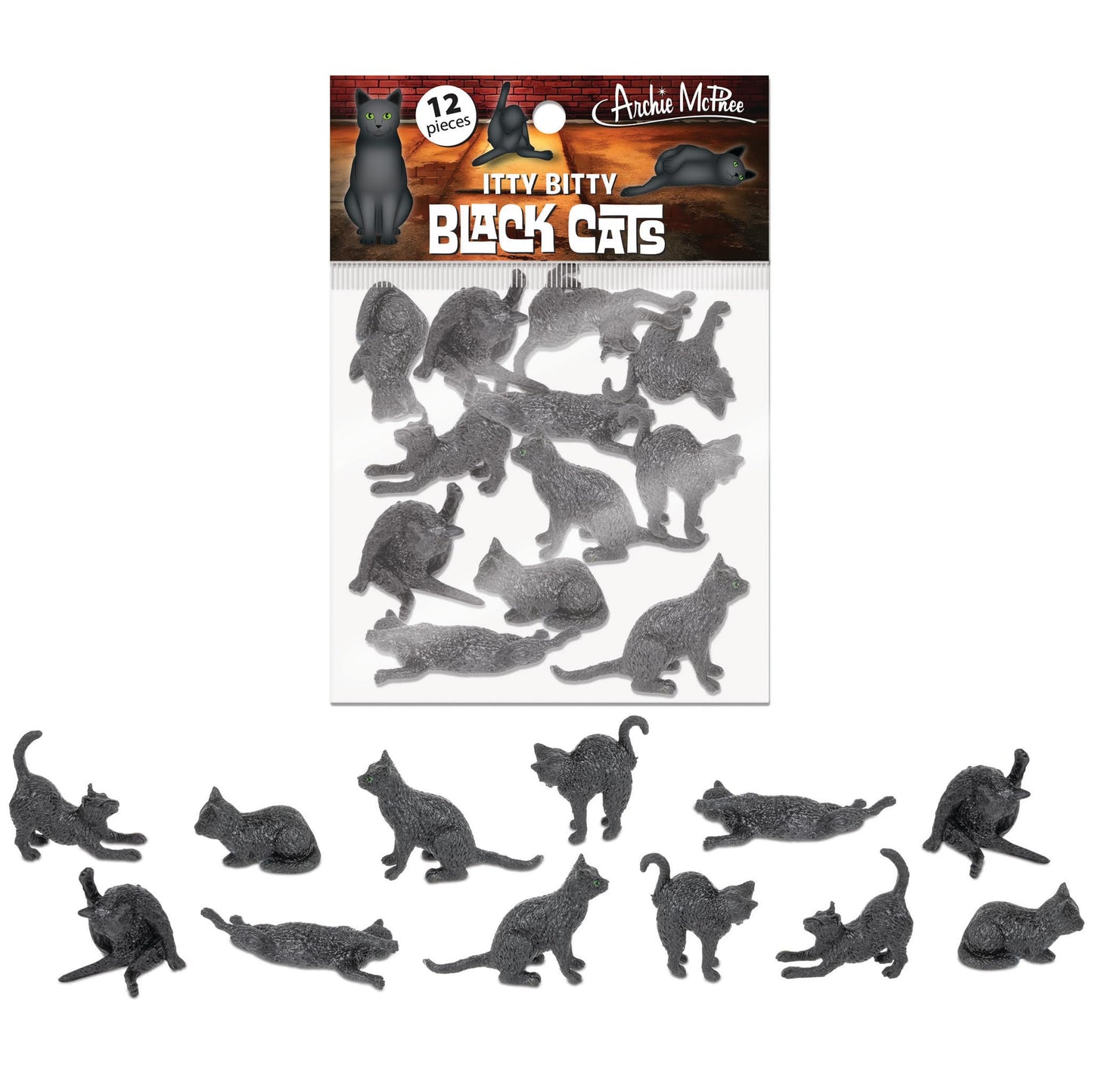 Accoutrements Archie McPhee Itty Bitty Black Cats - Bag of 12 Adorable Vinyl Kitties in 6 Styles for Cat Lovers and Halloween Fun