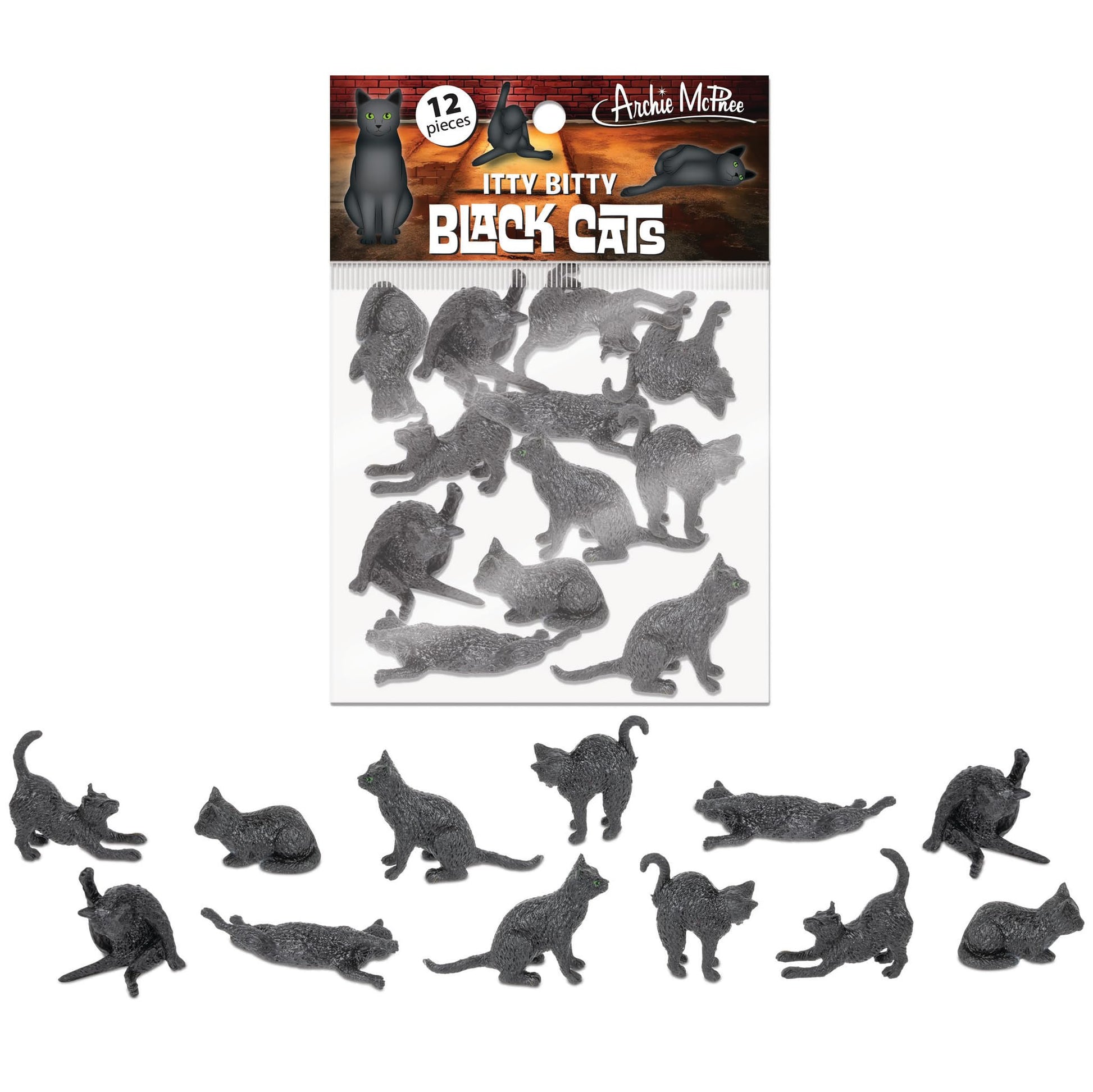 Accoutrements Archie McPhee Itty Bitty Black Cats - Bag of 12 Adorable Vinyl Kitties in 6 Styles for Cat Lovers and Halloween Fun
