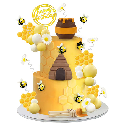 35 PCS Bee Cake Toppers Honey Jar Cake Topper Honeycomb Cake Decorations for Baby Shower Bee Theme Birthday Party Decoration Supplies