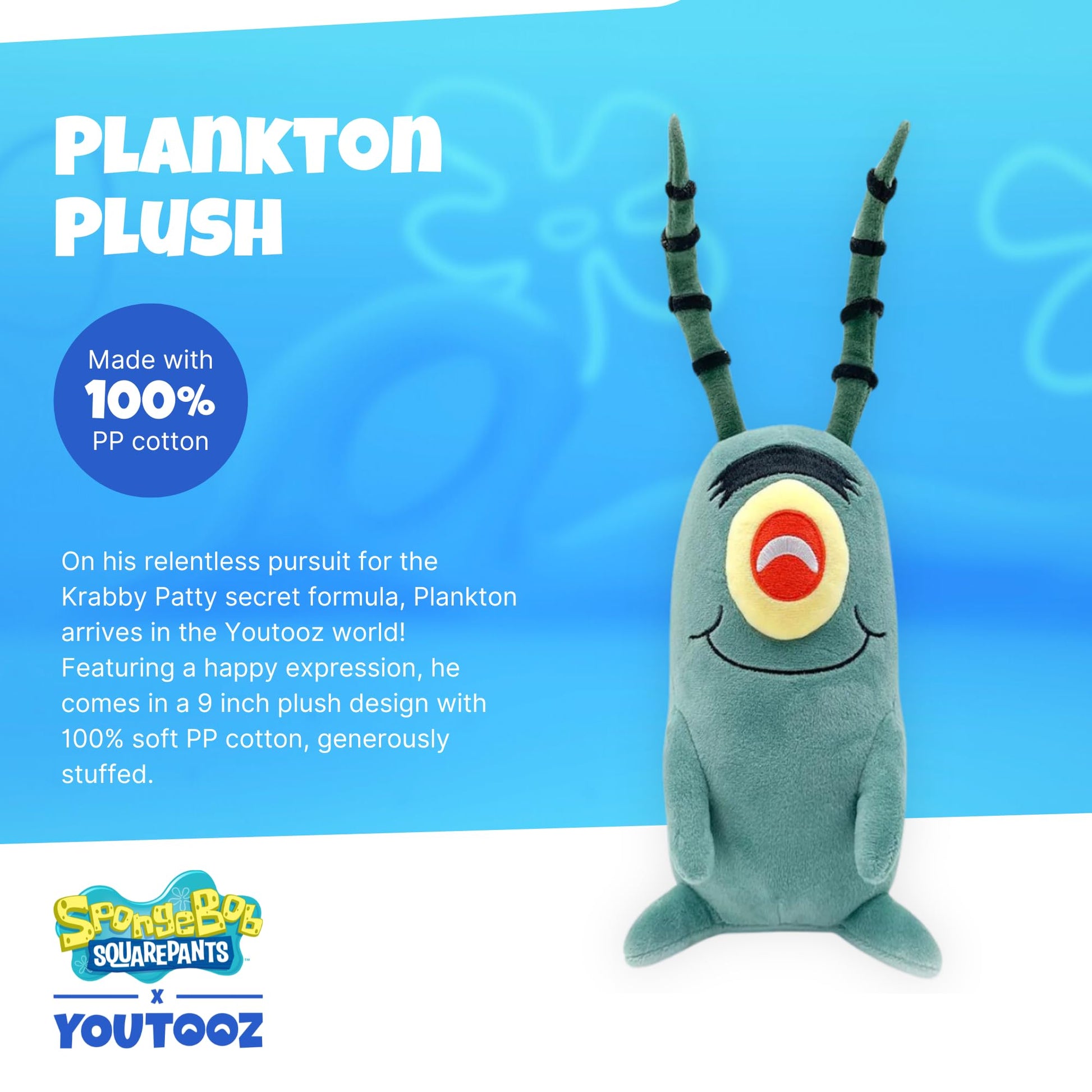 Youtooz Plankton Sitting Plush 9" Inch, Spongebob Official Licensed Stuffed Plushie, Plankton the Chum Bucket from Spongebob Squarepants