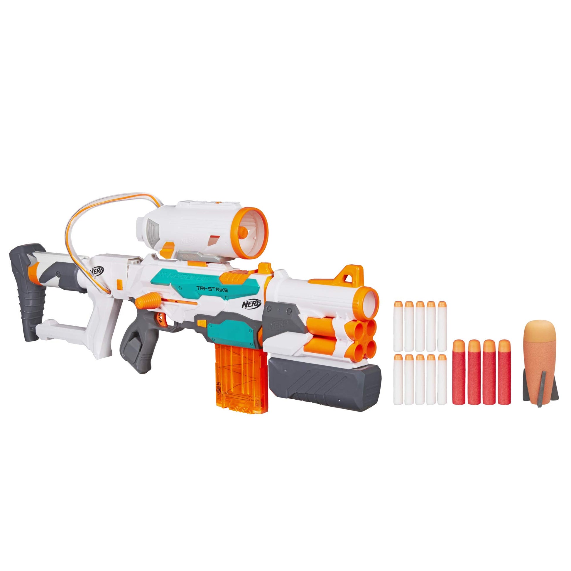 Nerf Modulus Tri-Strike Blaster, Mega Barrel, Rocket Launcher, Clip, 1 Rocket, Kids Outdoor Games (Amazon Exclusive)