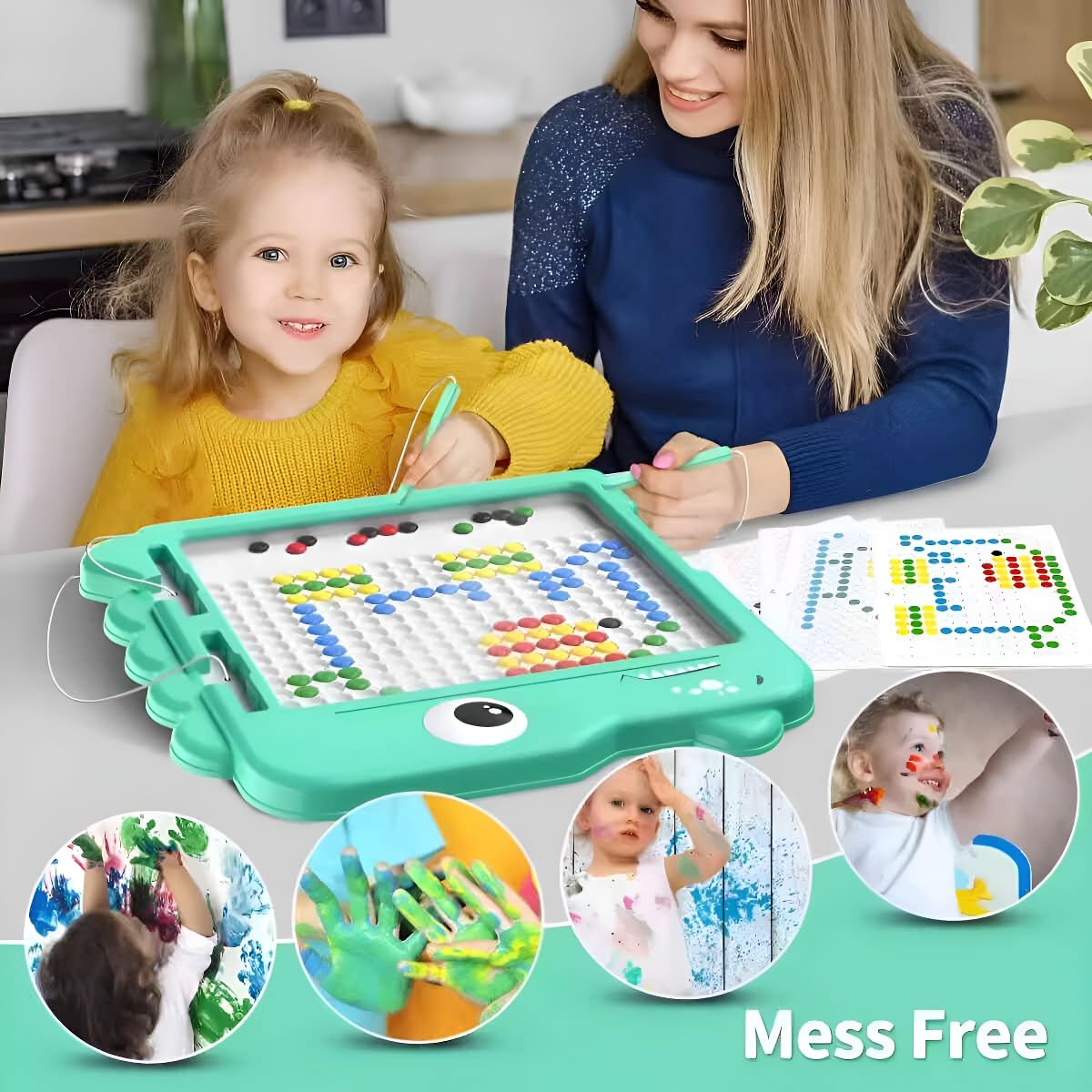 Mandarooker Magnetic Drawing Board?Large Magnet Doodle Board with Pen and Dot Beads,20 Colored Pattern Cards,Montessori Toys and Travel Toys