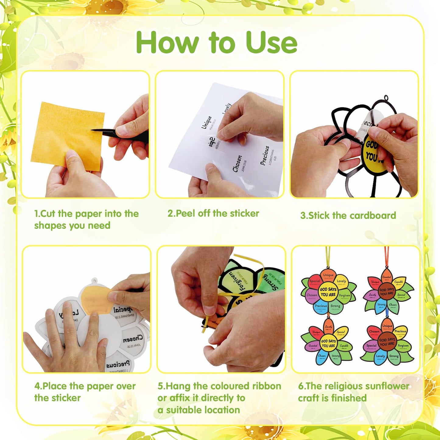 Fennoral 24 Pack God Says You are Sunflower Suncatcher DIY Craft Kit for Kids Religious Christian Bible Verse Hanging Window Ornaments Sunday School
