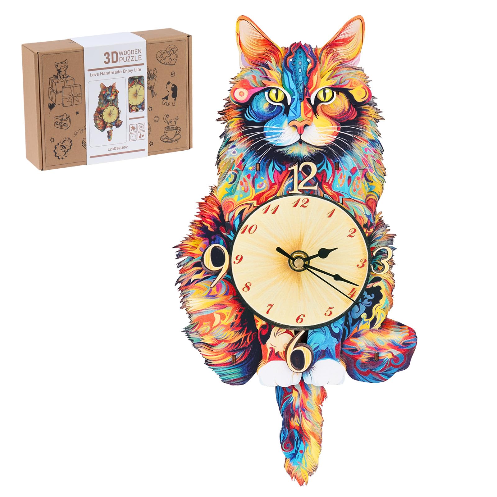 Rnfinewow 3D Wooden Puzzles for Adults, Maine Coon Cat Clock DIY Kit, Beginner 22 Pcs Wooden Puzzles, Birthday Christmas for Women Men Adults Teens