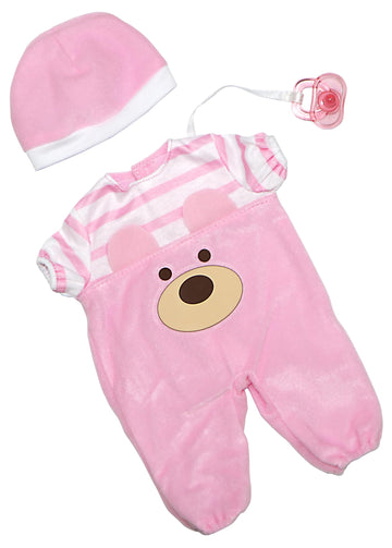 JC Toys | Pink Bear Onesie | Baby Doll Outfit + Hat + Pacifier | | Ages 2+ | Fits Dolls 12"- 14"
