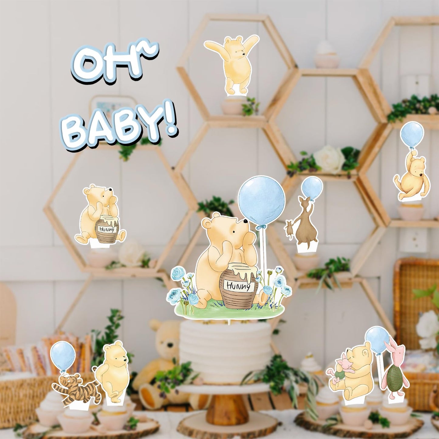 Winnie Cake Topper with Cupcake Toppers for Baby Shower Decorations for Boys Winnie Cake Cupcake Decorations Birthday Party Supplies 25Pcs