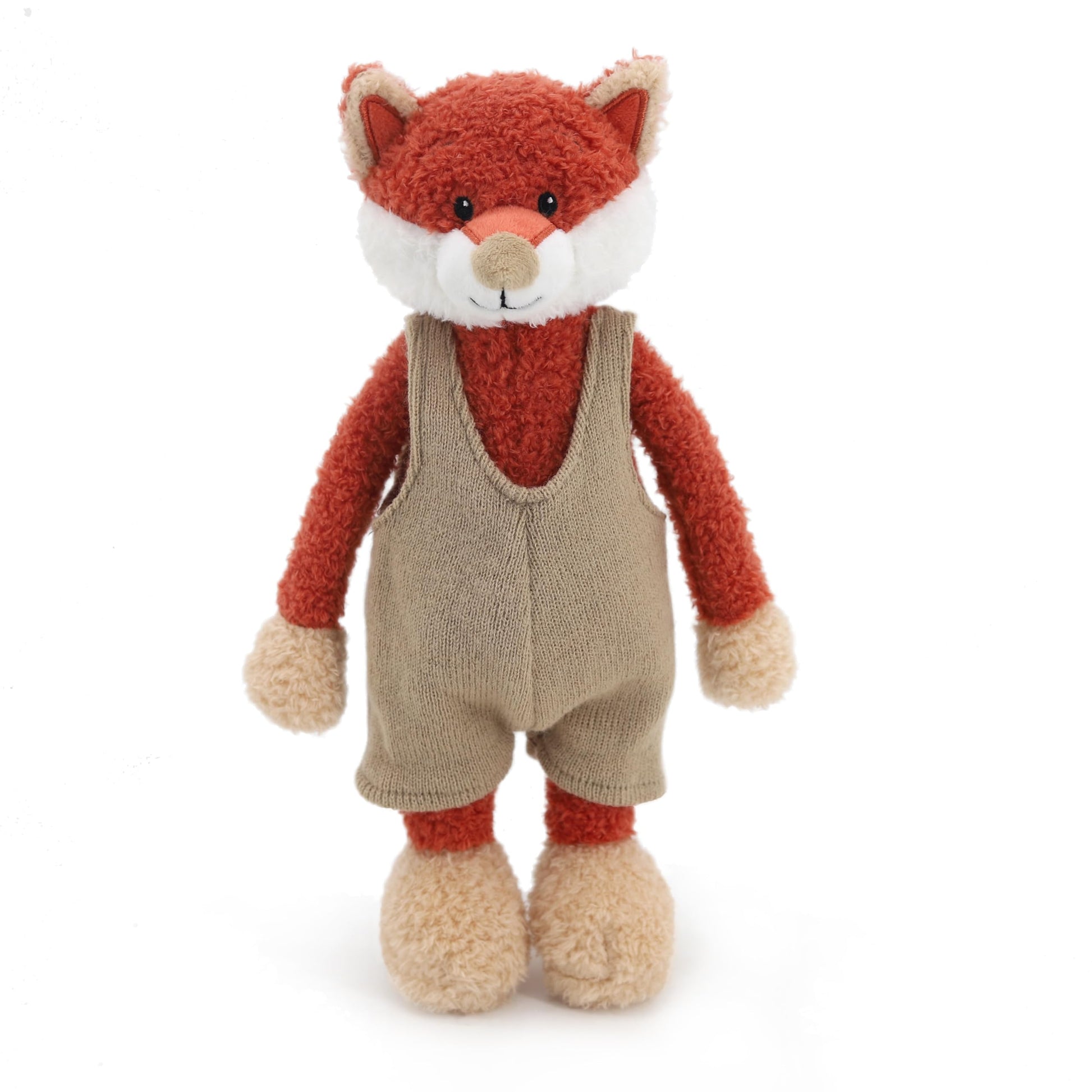 JamieCare 12" Cute and Cuddly Red Fox Stuffed Animal in Trendy Knit Overalls,Made with Premium Materials, Hypoallergenic,Warming Gift for Birthdays