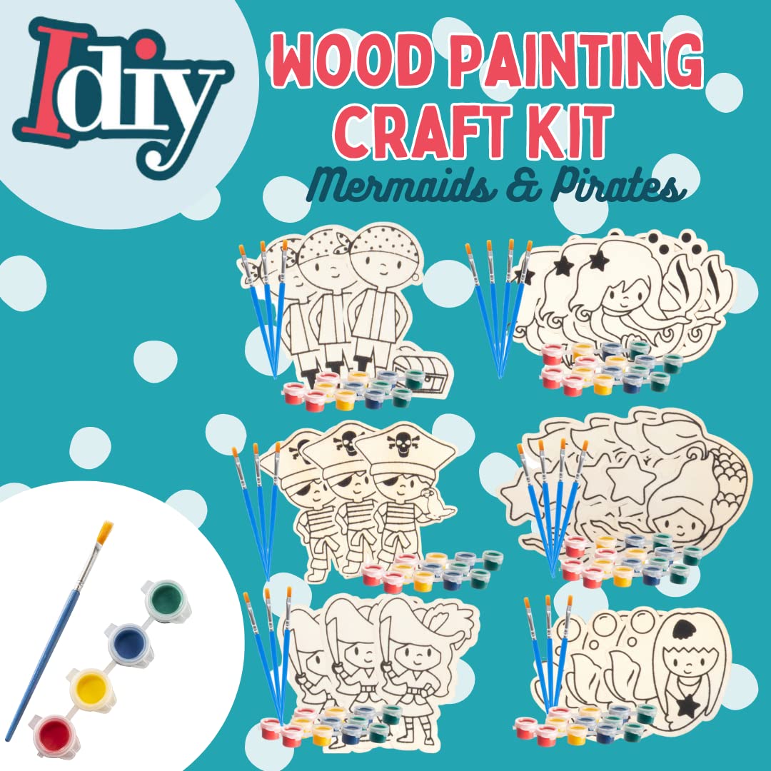 Kids Wood Painting Party Craft Kit 20 Pack - Each DIY Set Includes Mermaids & Pirates Wooden Design, Paint & Brushes - Summer Camp Activities