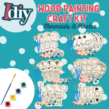 Kids Wood Painting Party Craft Kit 20 Pack - Each DIY Set Includes Mermaids & Pirates Wooden Design, Paint & Brushes - Summer Camp Activities