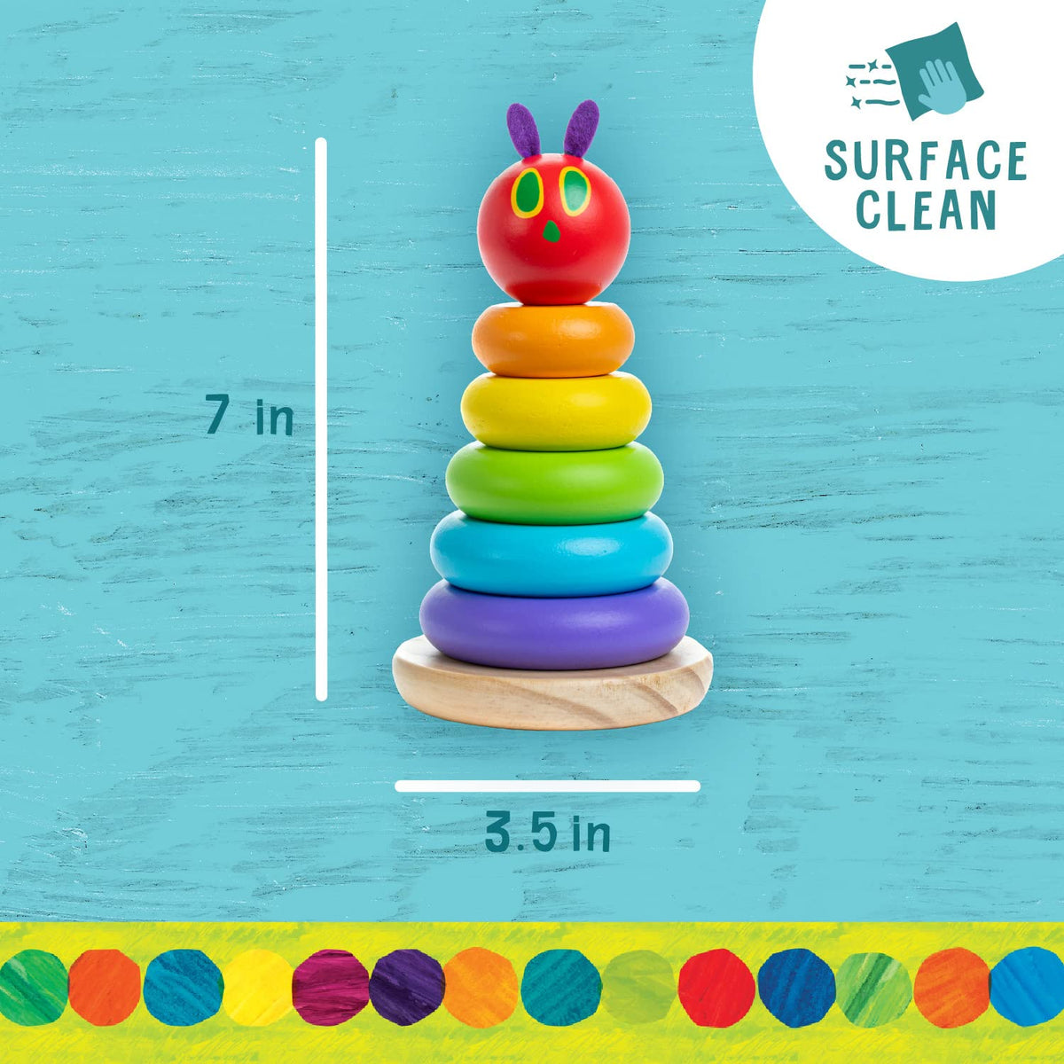World of Eric Carle, The Very Hungry Caterpillar Wooden Stacker with Colorful Rainbow Rings, 7 Inch Stacking Solid Wood Educational Developmental Toy