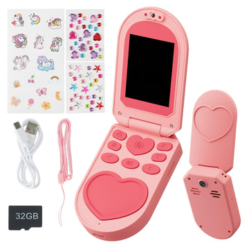 Kids Camera, 3-7 Years Old Girls Gifts, 2.0-inch Flip Phone Digital Camera with 32GB SD Card, DIY Stickers, 1080P Video, Games, Music Player
