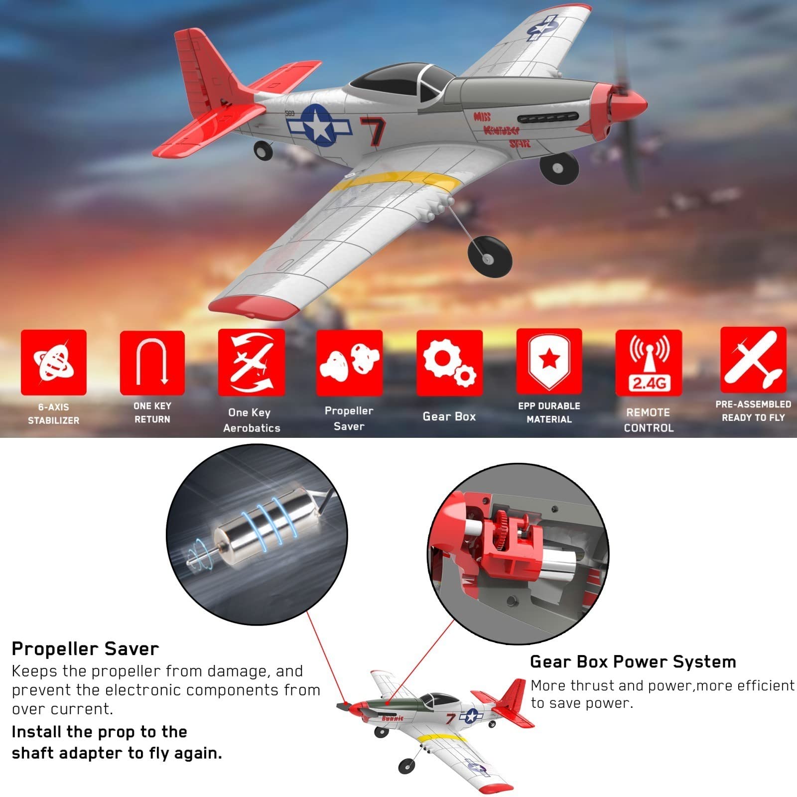 HTLNUZD Remote Control Aircraft Plane 4 Channels 768-1P51D, Wingspan EPO Warbird Radio One Key Aerobatic Controlled Plane RTF