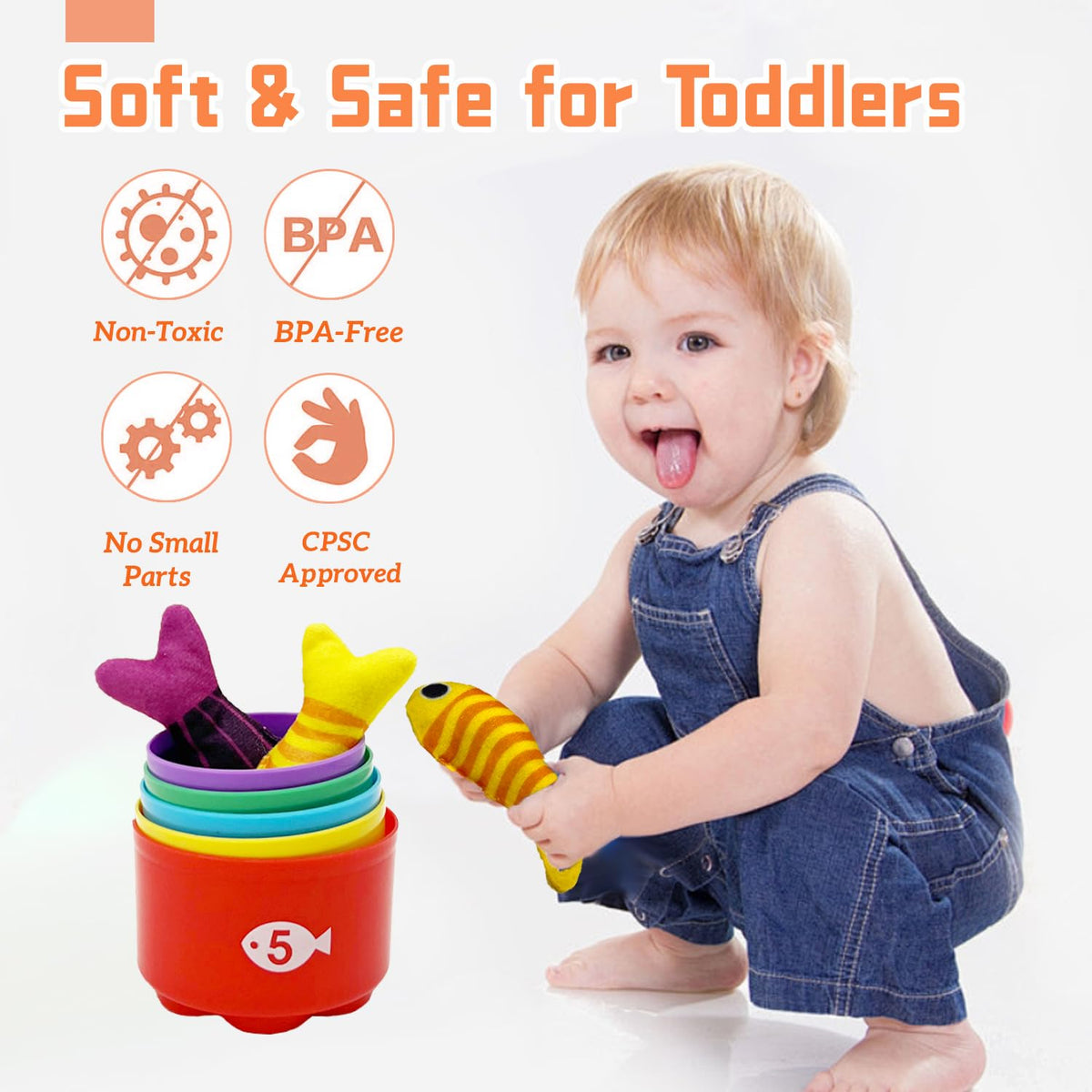 ZCMFHTD Montessori Toys for 1 Year Old, 22PCS Cloth Fishing Game with Stacking Cups Sensory Baby Toys 6-12 Months,Toddler Education Learning Toys