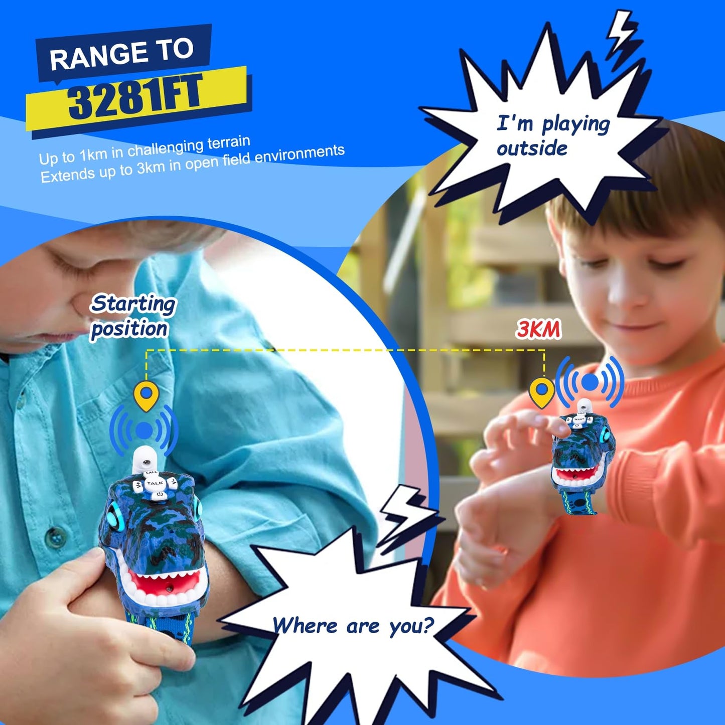 AZYFEI Dinosaur Walkie Talkies for Kids - 2 Way Radios Toys for Boys & Girls Ages 3-12 - Long Range, 3 Channels - Outdoor Adventure, Camping, Hiking