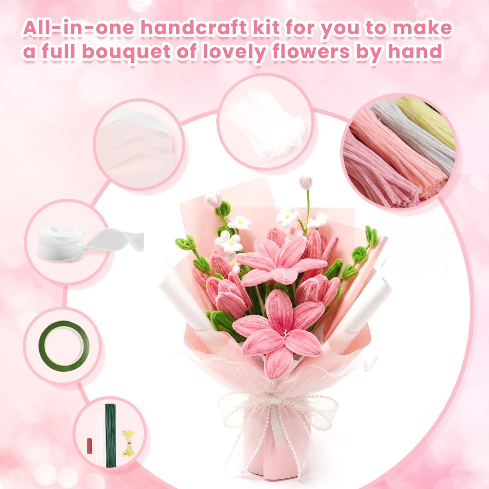 600 PCS Pipe Cleaners Craft, 6 Colors Pipe Cleaner Bulk Flower Kit, Chenille Stems Bulk with Floral Wires, Gardening Tape, Stamen, Wrapping Paper